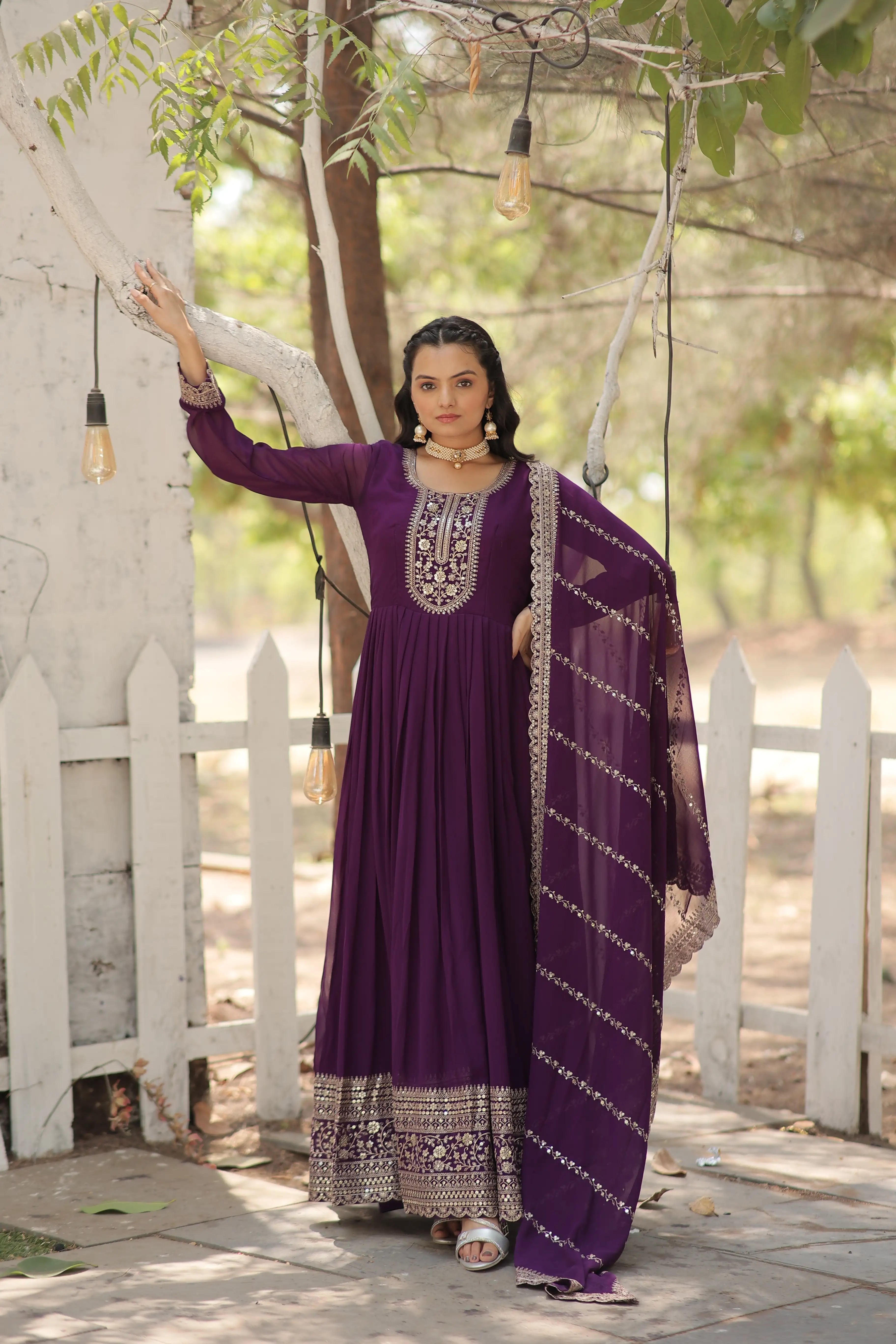 Purple Faux Blooming Sequins Embroidered Gown with Matching Dupatta – Festive & Party Wear