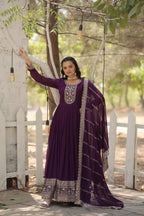 Purple Faux Blooming Sequins Embroidered Gown with Matching Dupatta – Festive & Party Wear