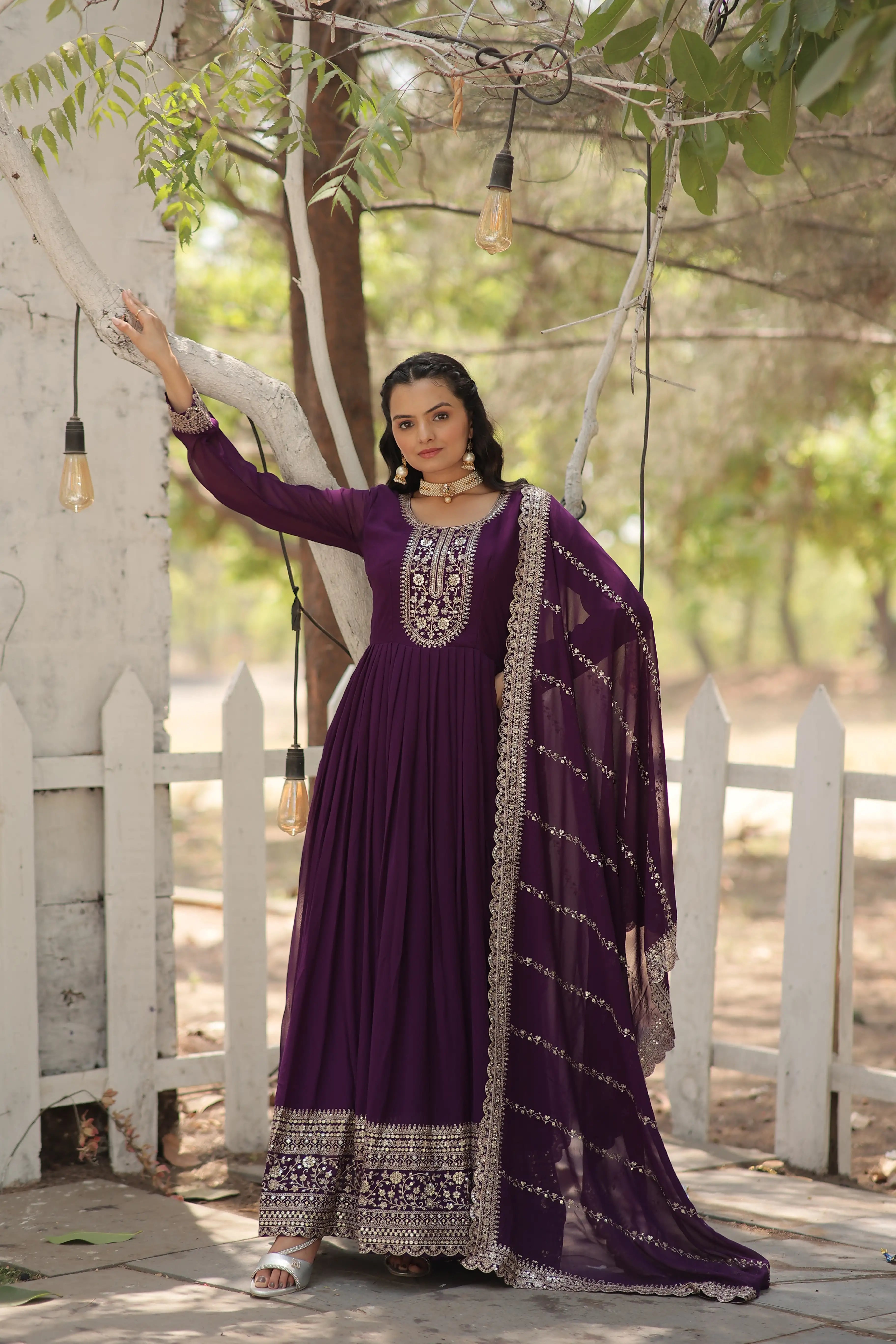 Purple Faux Blooming Sequins Embroidered Gown with Matching Dupatta – Festive & Party Wear