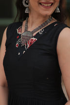 Black Designer Heavy Reyon Gown with Printed Frill & Fancy V-Neck