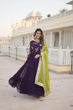 Purple Faux Georgette Designer Gown with Russian Silk Sequined Dupatta – Elegant Fully Flared Party & Wedding Set