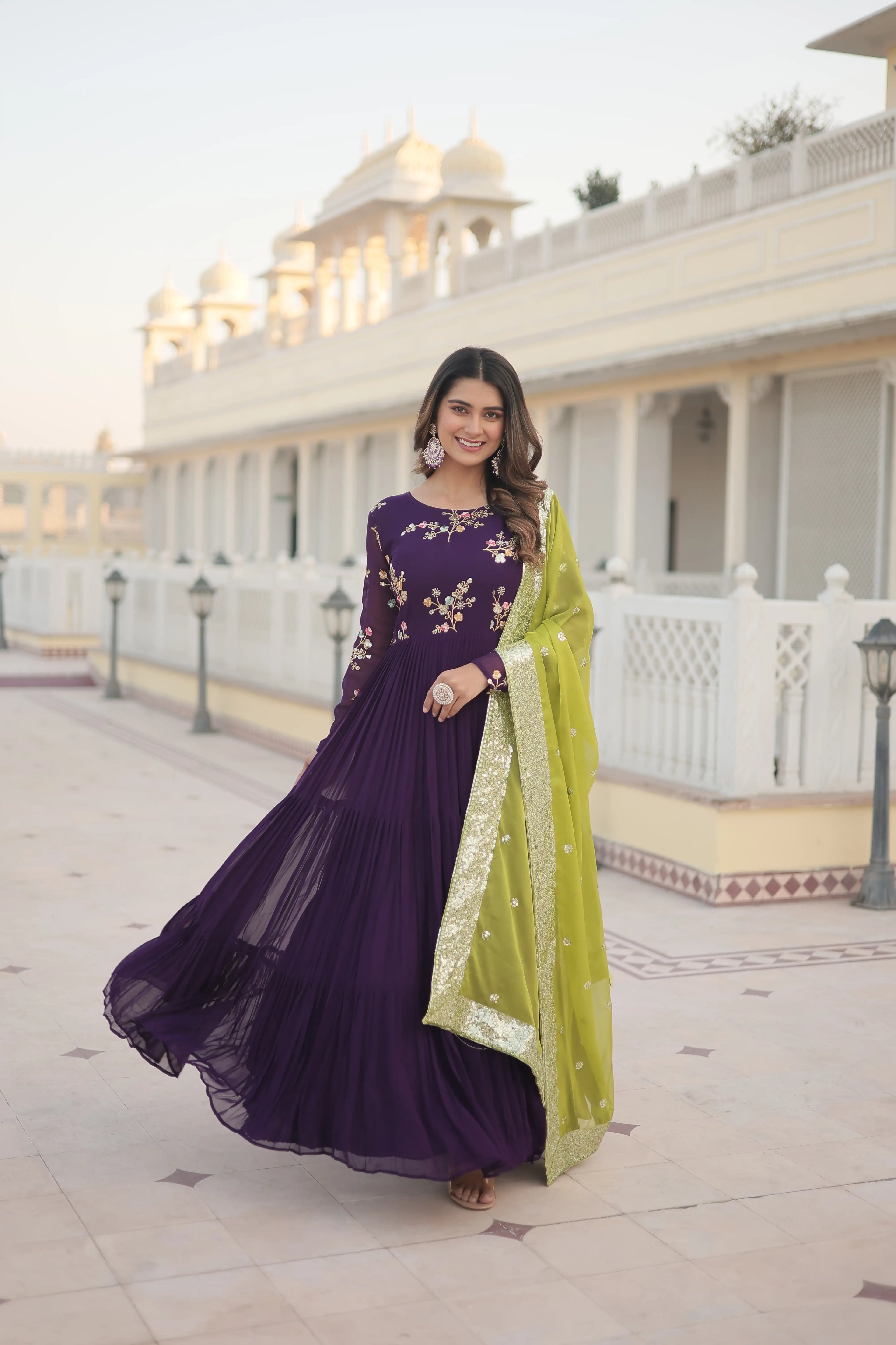 Purple Faux Georgette Designer Gown with Russian Silk Sequined Dupatta – Elegant Fully Flared Party & Wedding Set