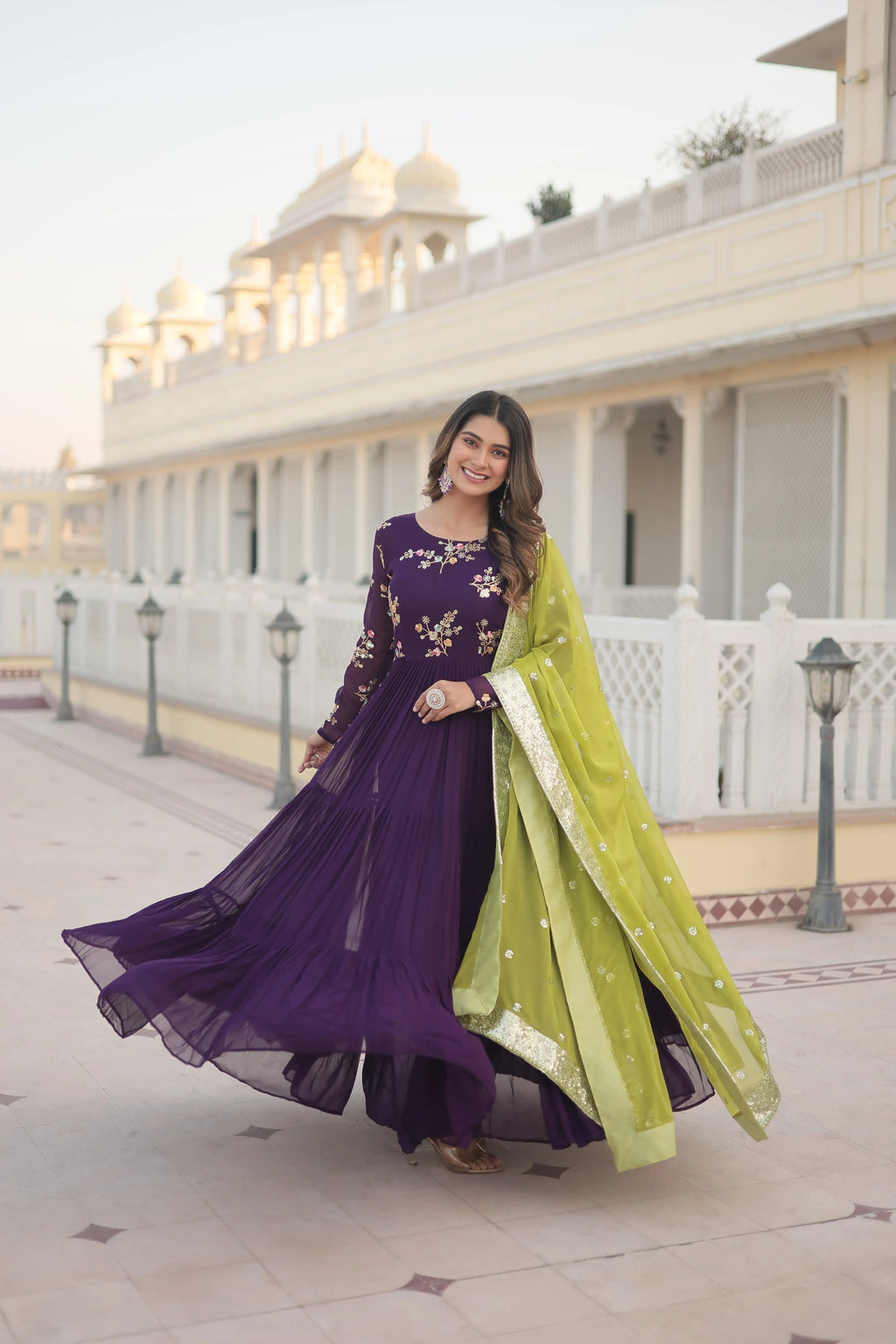 Purple Faux Georgette Designer Gown with Russian Silk Sequined Dupatta – Elegant Fully Flared Party & Wedding Set