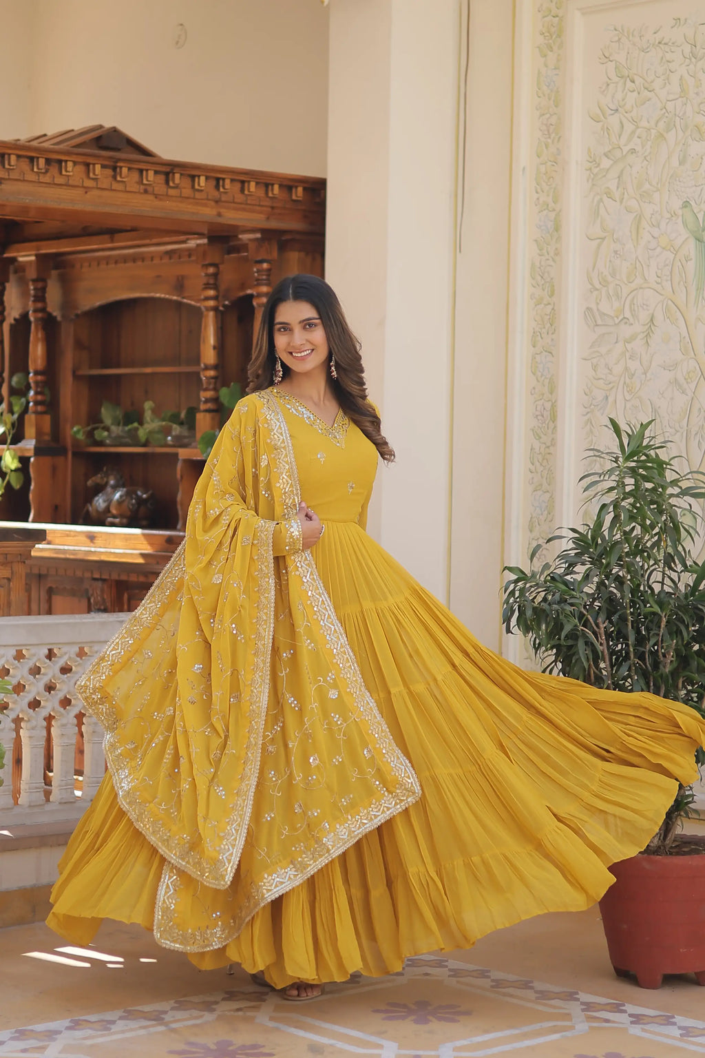 Yellow Faux Georgette Designer Gown with Sequined Dupatta – Fully Flared Elegant Party & Wedding Set
