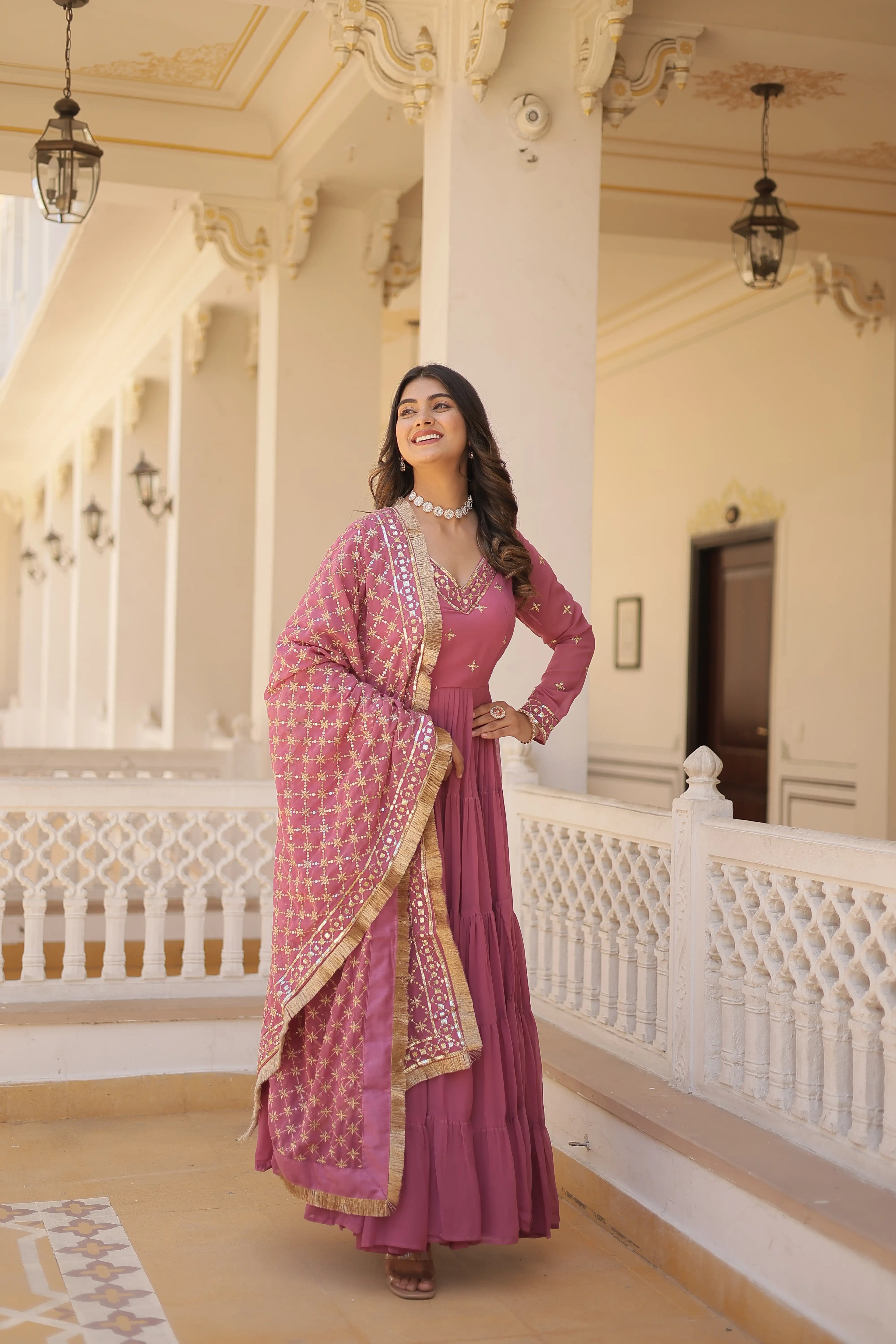 Onion Designer Faux Georgette Gown with Sequined Dupatta – Elegant Festive & Party Wear Set