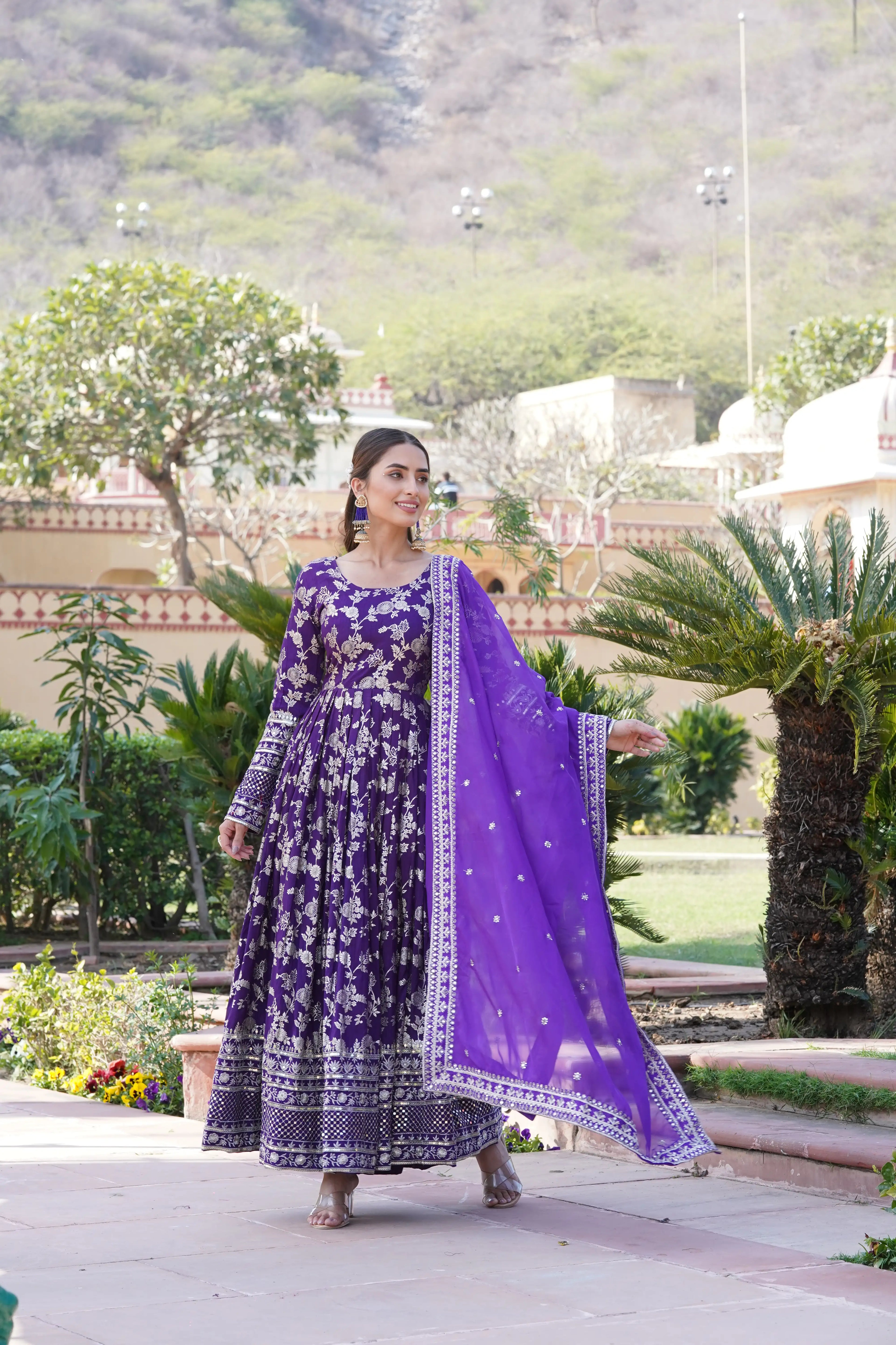 Purple Viscose Dyable Jacquard Gown with Russian Silk Sequined Dupatta – Elegant Party & Wedding Set