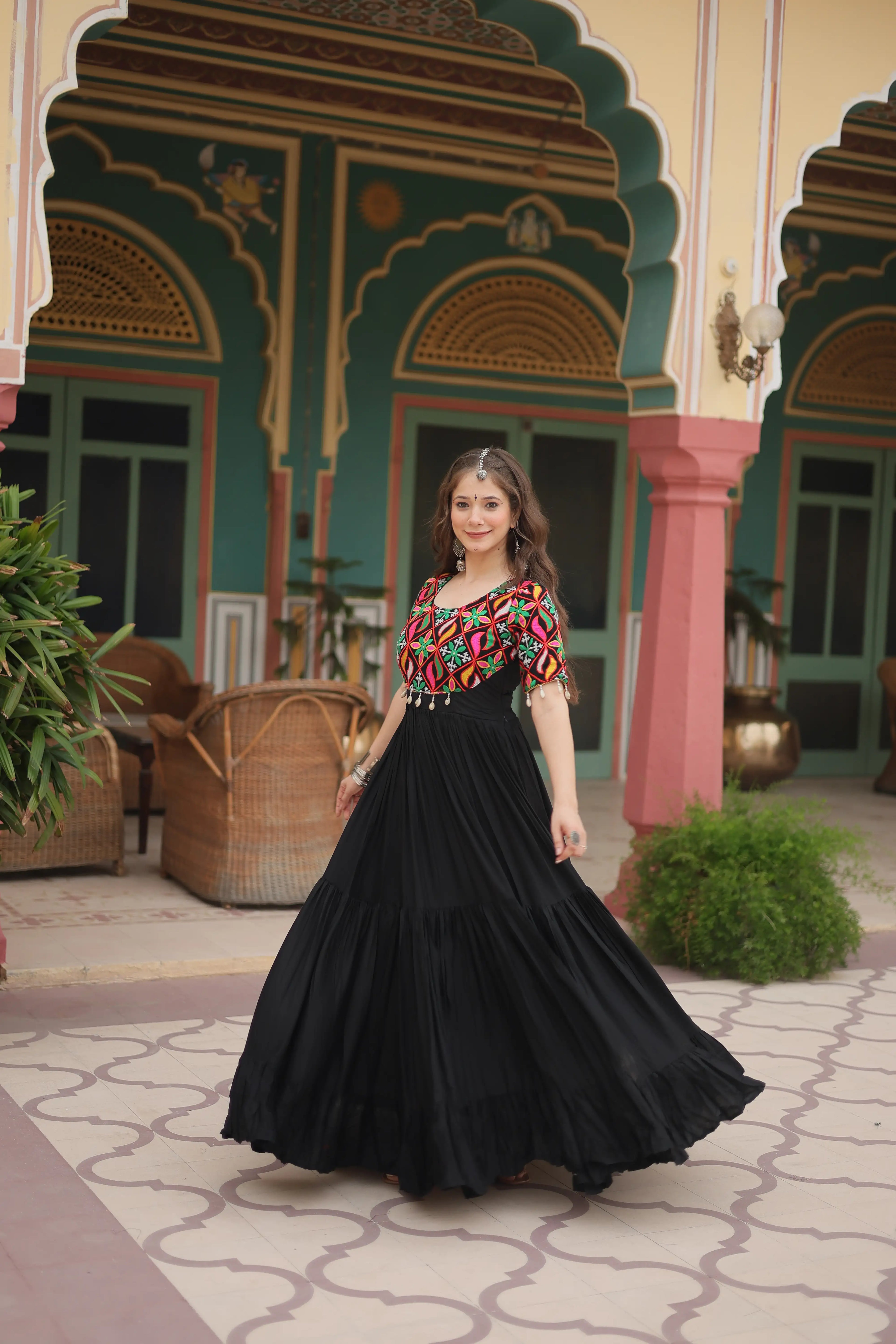 Black Elegant Kutchi Gamthi Work Reyon Gown with Heavy Flair