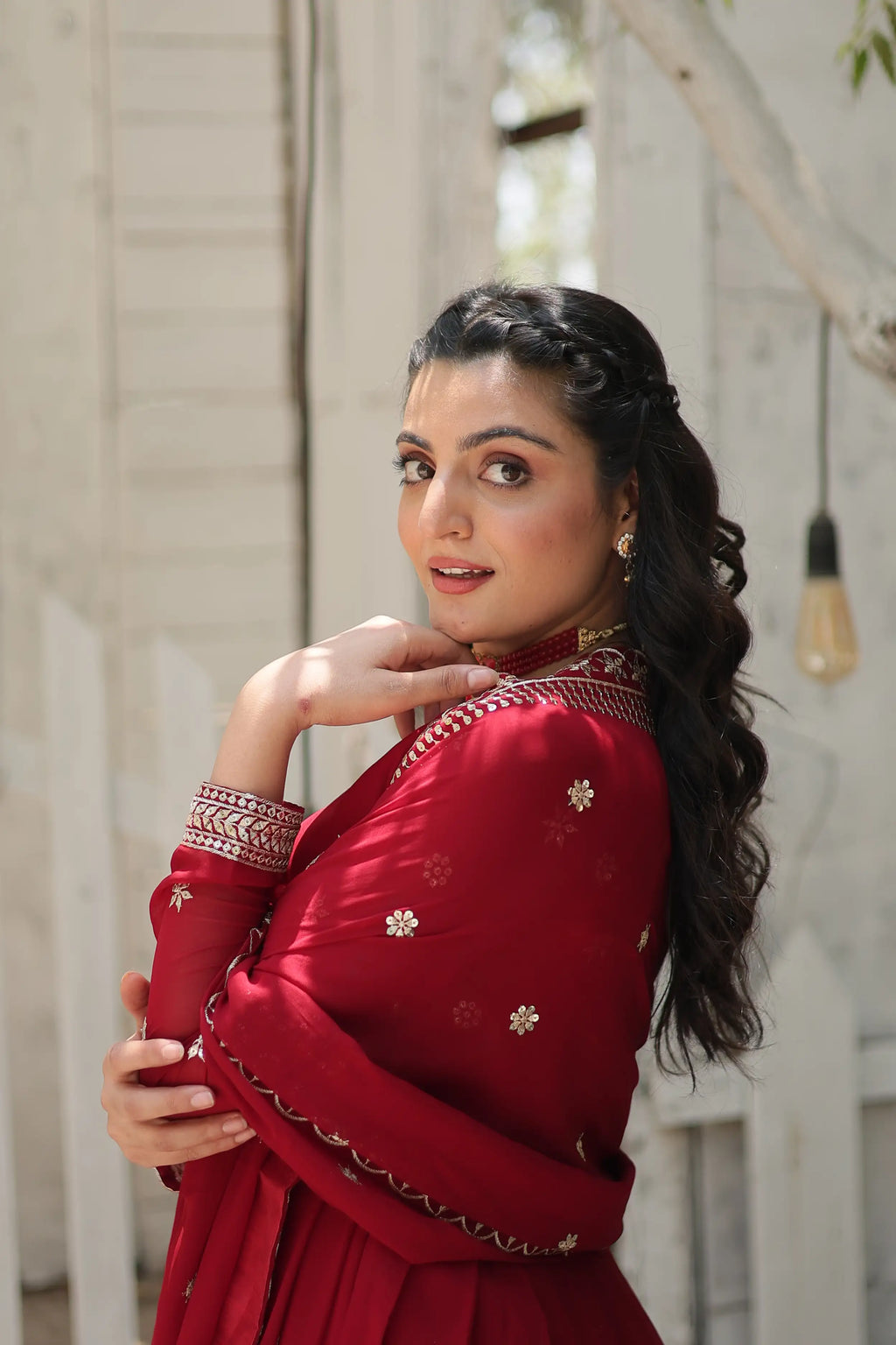Maroon Designer Faux Blooming Anarkali Gown with Sequins Embroidered Dupatta – Wedding & Festive Wear