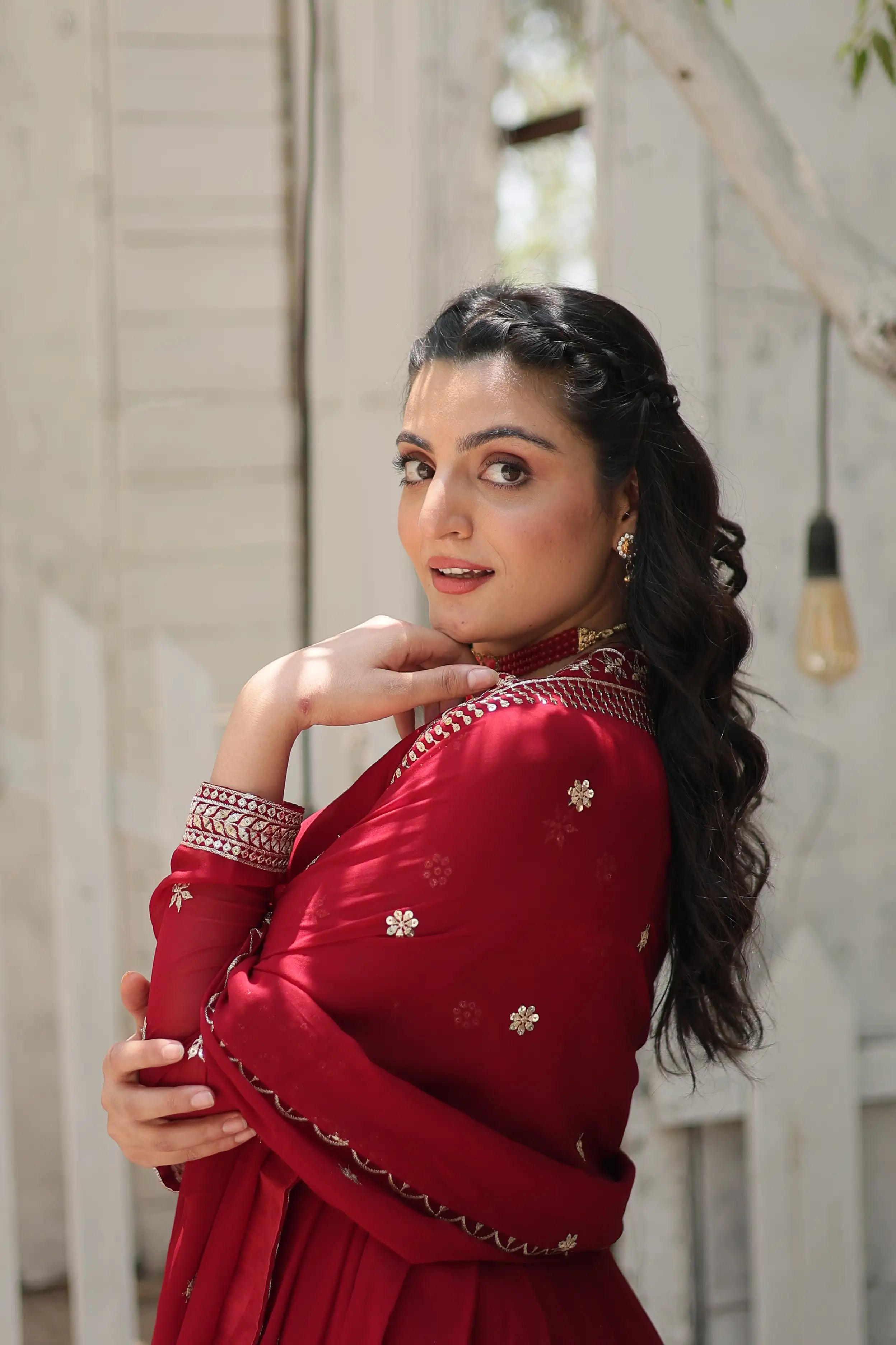 Maroon Designer Faux Blooming Anarkali Gown with Sequins Embroidered Dupatta – Wedding & Festive Wear