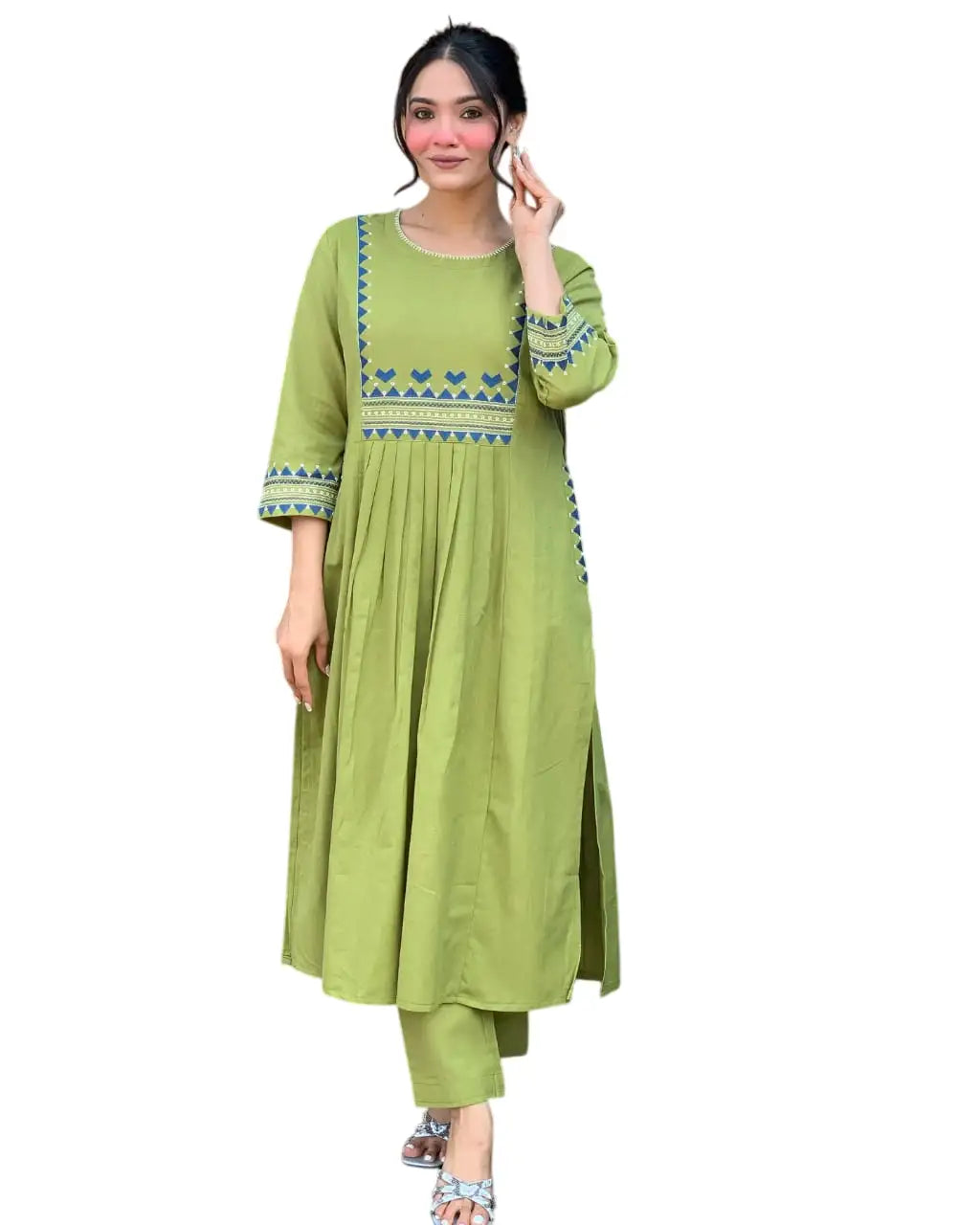 Women's Rayon Embroidered A-Line Kurti With Pant Set