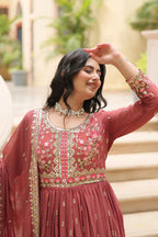 Coffee Faux Georgette Sequins Embroidered Kurti with Sharara & Dupatta Set