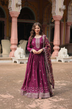 Wine Designer Chinon Sequins Embroidered Gown with Kalamkari Silk Dupatta