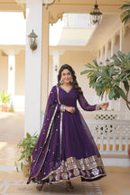 Purple Faux Blooming Gown with Sequined Dupatta – Elegant Fully Flared Party & Wedding Set