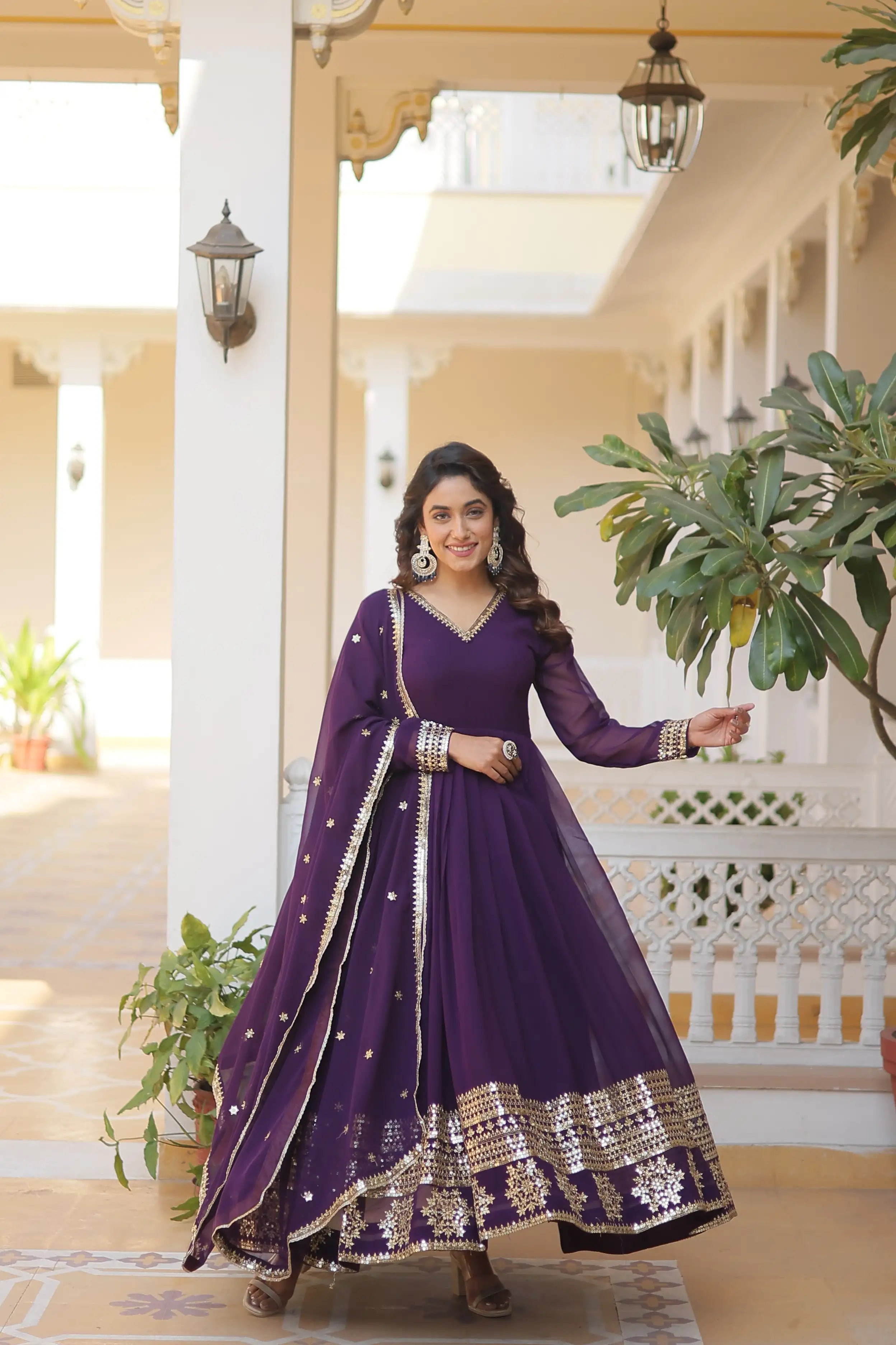 Purple Faux Blooming Gown with Sequined Dupatta – Elegant Fully Flared Party & Wedding Set