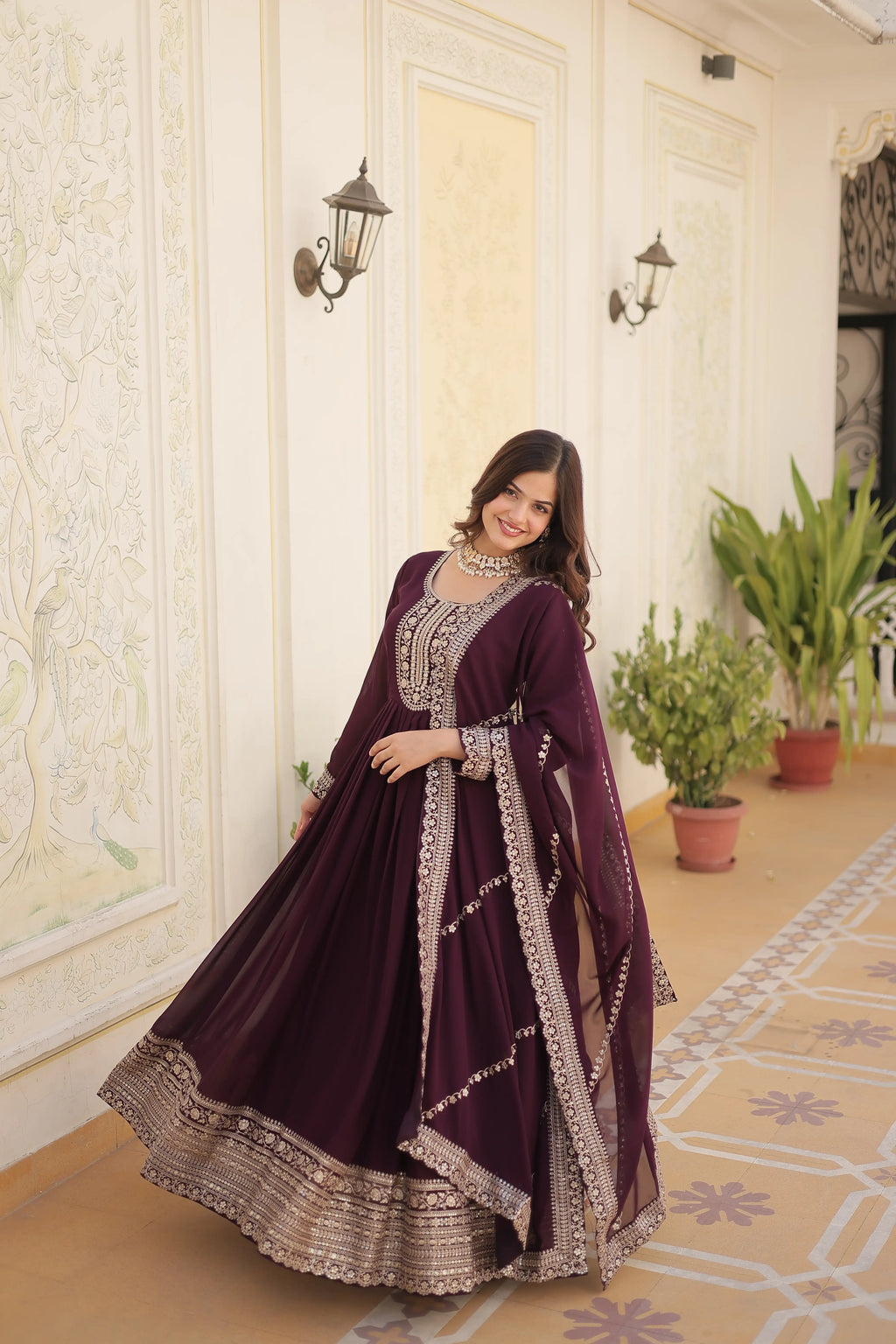 Wine Faux Blooming Sequins Embroidered Gown with Matching Dupatta – Festive & Party Wear