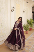 Wine Faux Blooming Sequins Embroidered Gown with Matching Dupatta – Festive & Party Wear