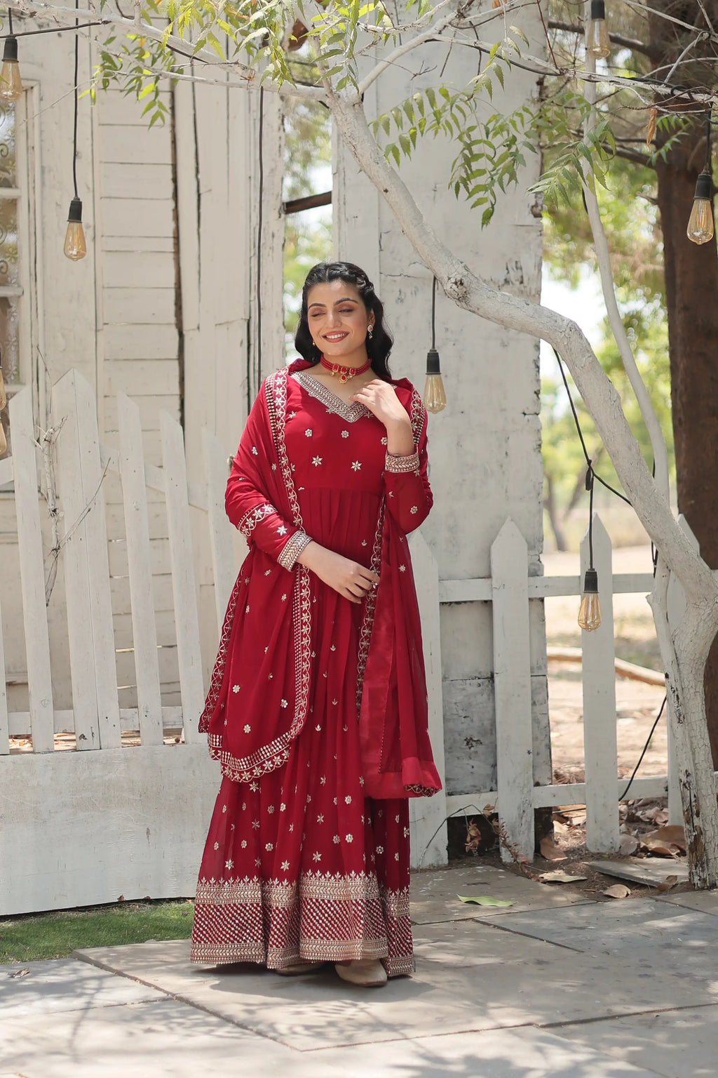Maroon Designer Faux Blooming Anarkali Gown with Sequins Embroidered Dupatta – Wedding & Festive Wear