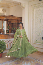 Green Faux Georgette Designer Gown with Sequined Dupatta – Fully Flared Elegant Ready-to-Wear Set