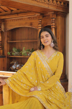 Yellow Faux Georgette Designer Gown with Sequined Dupatta – Fully Flared Elegant Party & Wedding Set