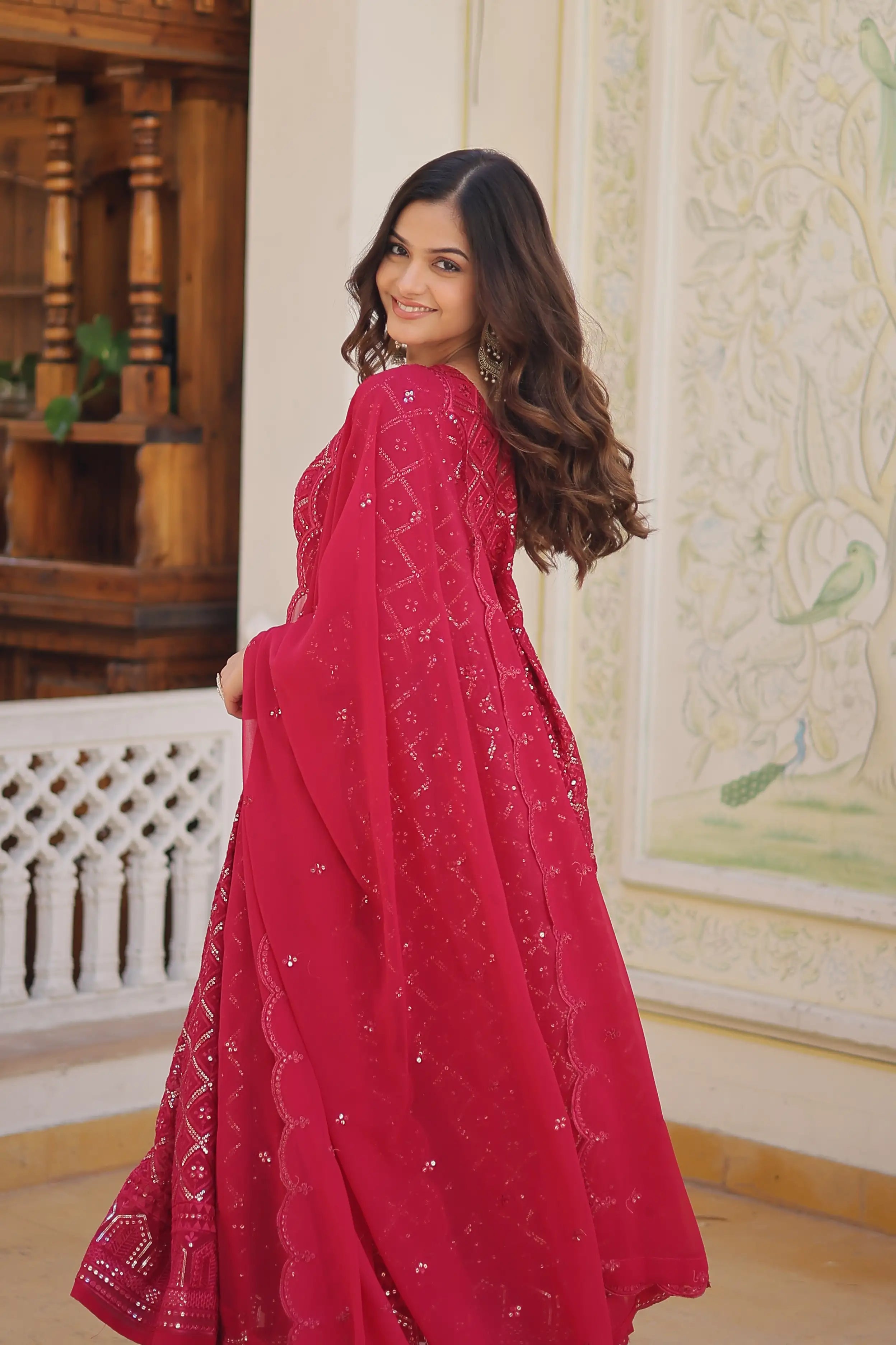 Rani Faux Blooming Designer Gown with Sequined Dupatta – Elegant Fully Flared Party & Wedding Set