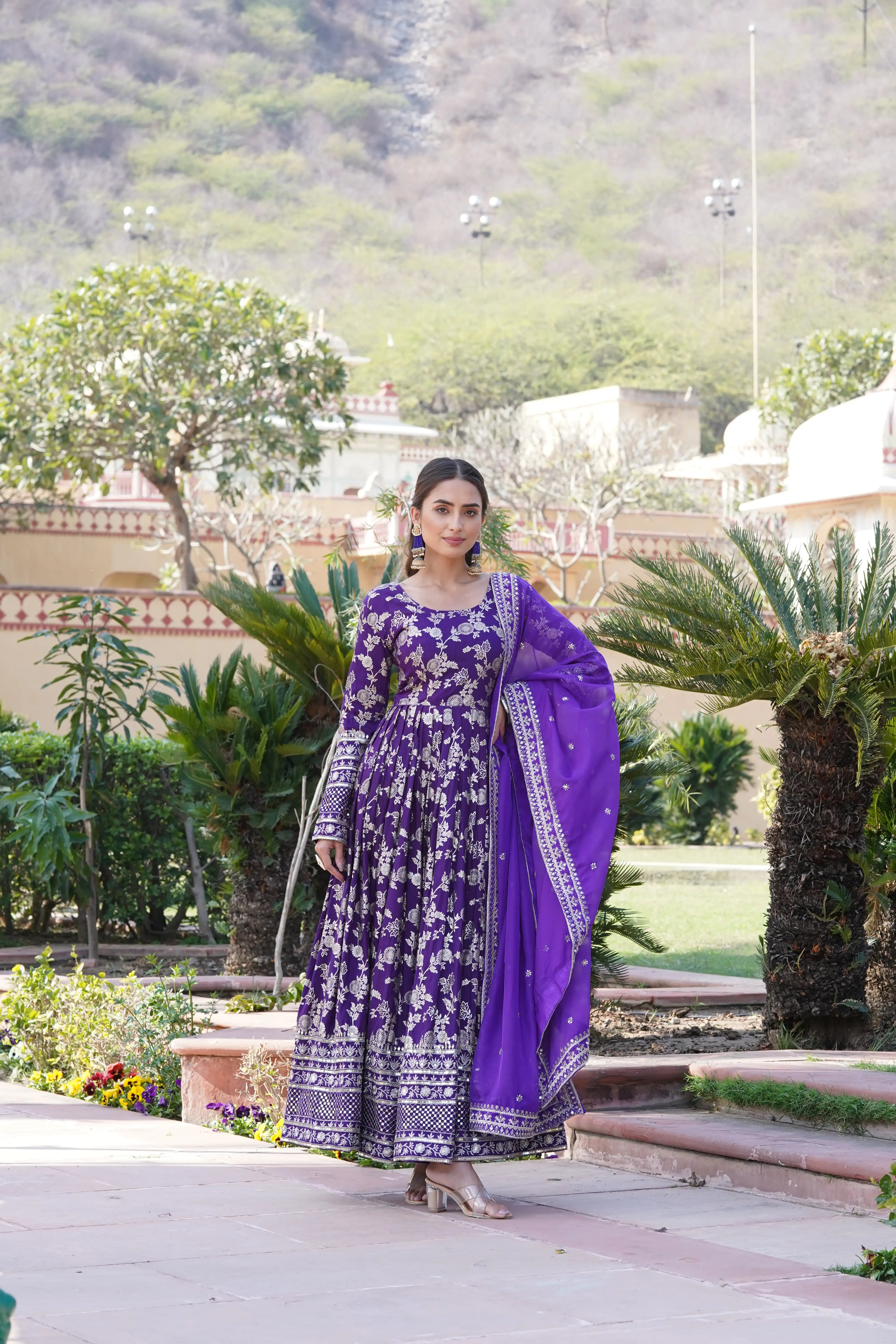 Purple Viscose Dyable Jacquard Gown with Russian Silk Sequined Dupatta – Elegant Party & Wedding Set