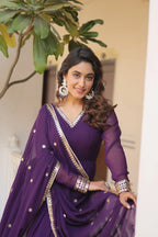 Purple Faux Blooming Gown with Sequined Dupatta – Elegant Fully Flared Party & Wedding Set