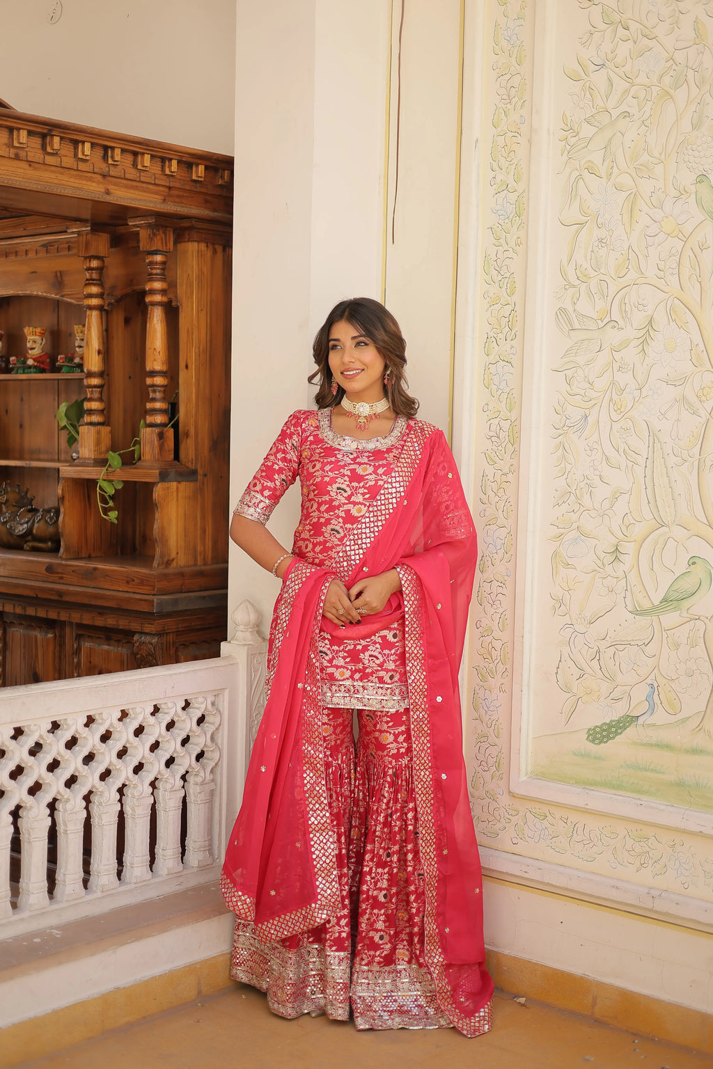 Pink Faux Blooming Sequins Embroidered Sharara Set with Matching Dupatta – Festive & Party Wear