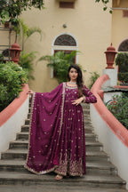 Wine Premium Chinon Sequins Embroidered Kurti with Sharara & Dupatta Set