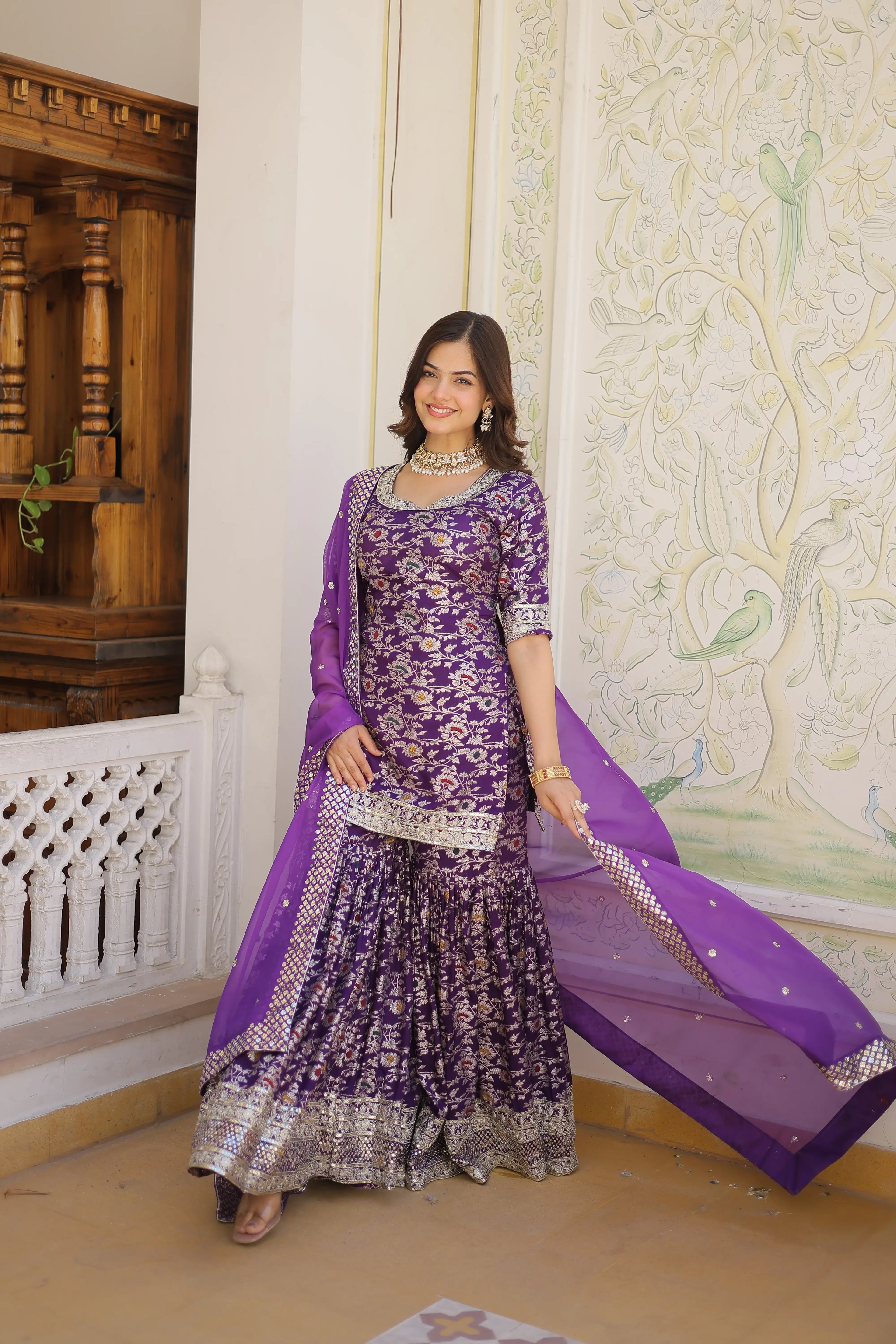 Purple Faux Blooming Sequins Embroidered Sharara Set with Matching Dupatta – Festive & Party Wear