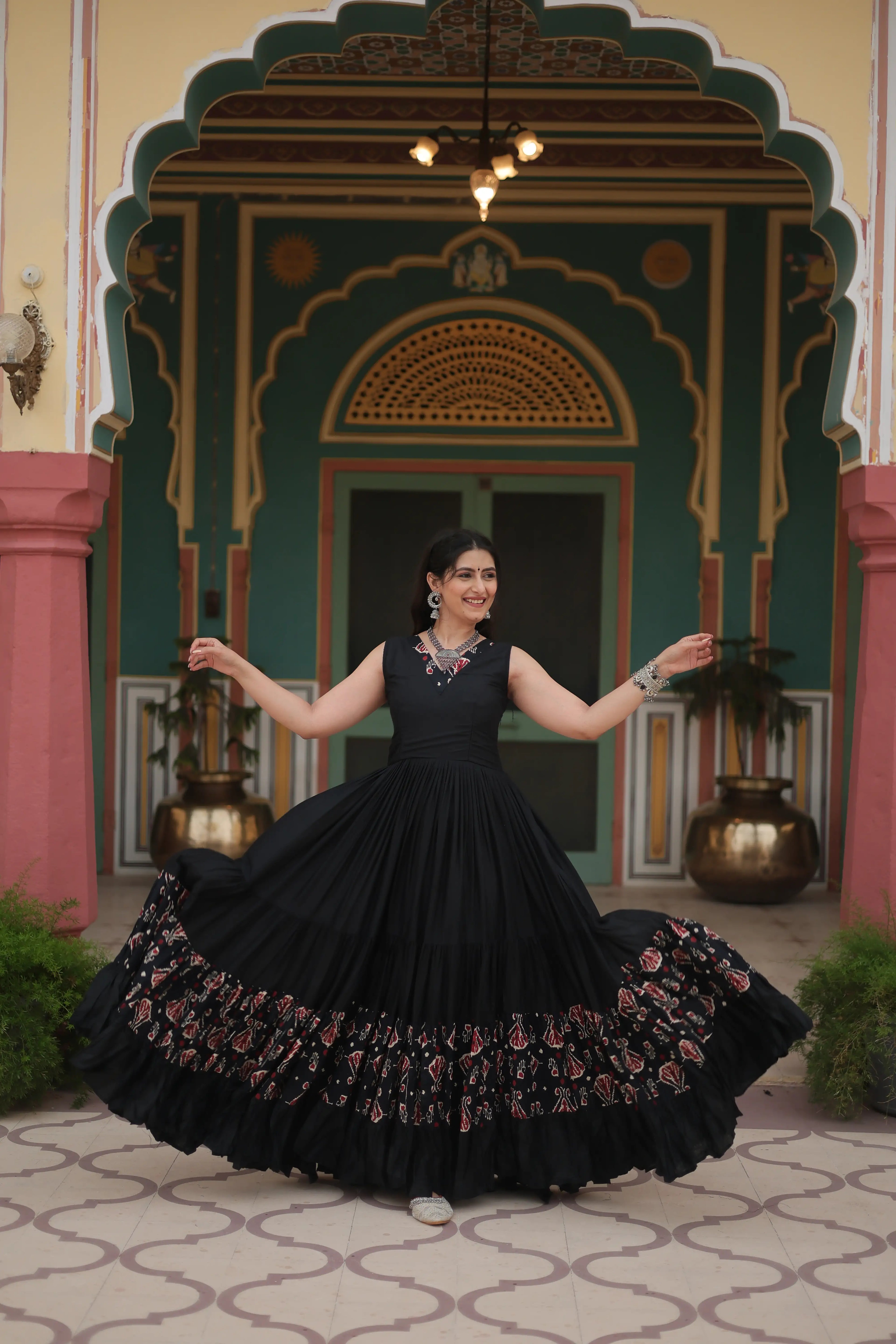 Black Designer Heavy Reyon Gown with Printed Frill & Fancy V-Neck