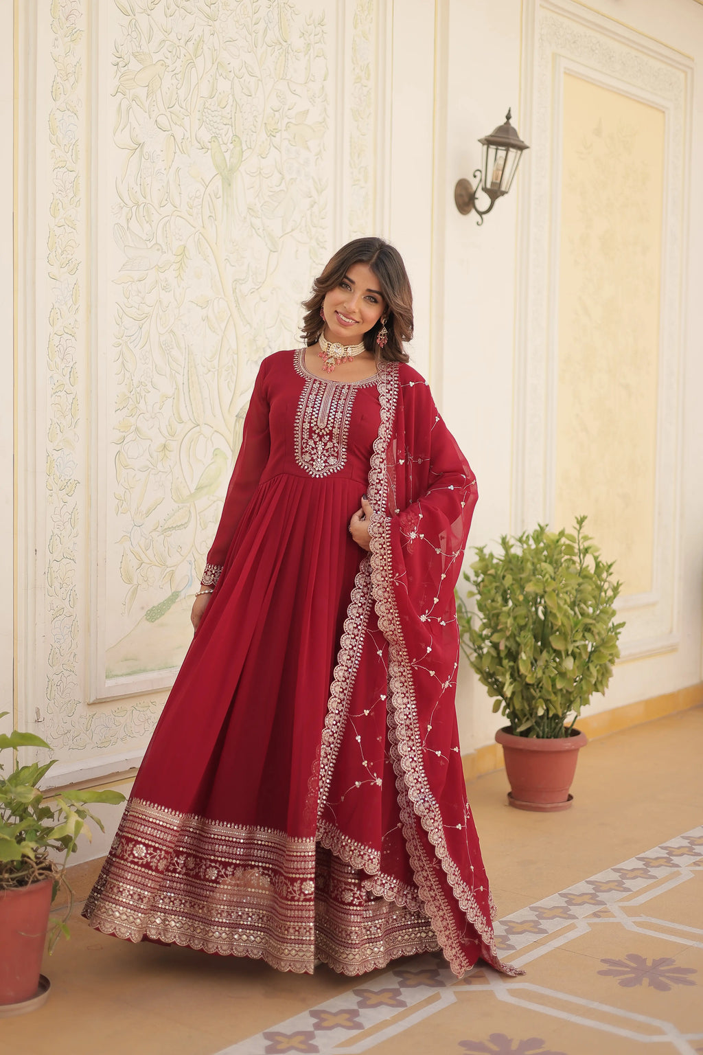 Maroon Faux Blooming Sequins Embroidered Gown with Matching Dupatta – Festive & Party Wear 2024
