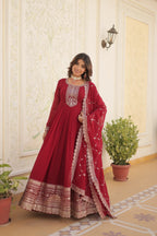 Maroon Faux Blooming Sequins Embroidered Gown with Matching Dupatta – Festive & Party Wear 2024