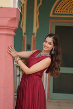 Maroon Designer Heavy Reyon Gown with Printed Frill & Fancy V-Neck