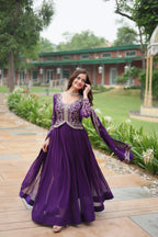Purple Faux Blooming Sequins & Zari Embroidered Gown with Matching Dupatta