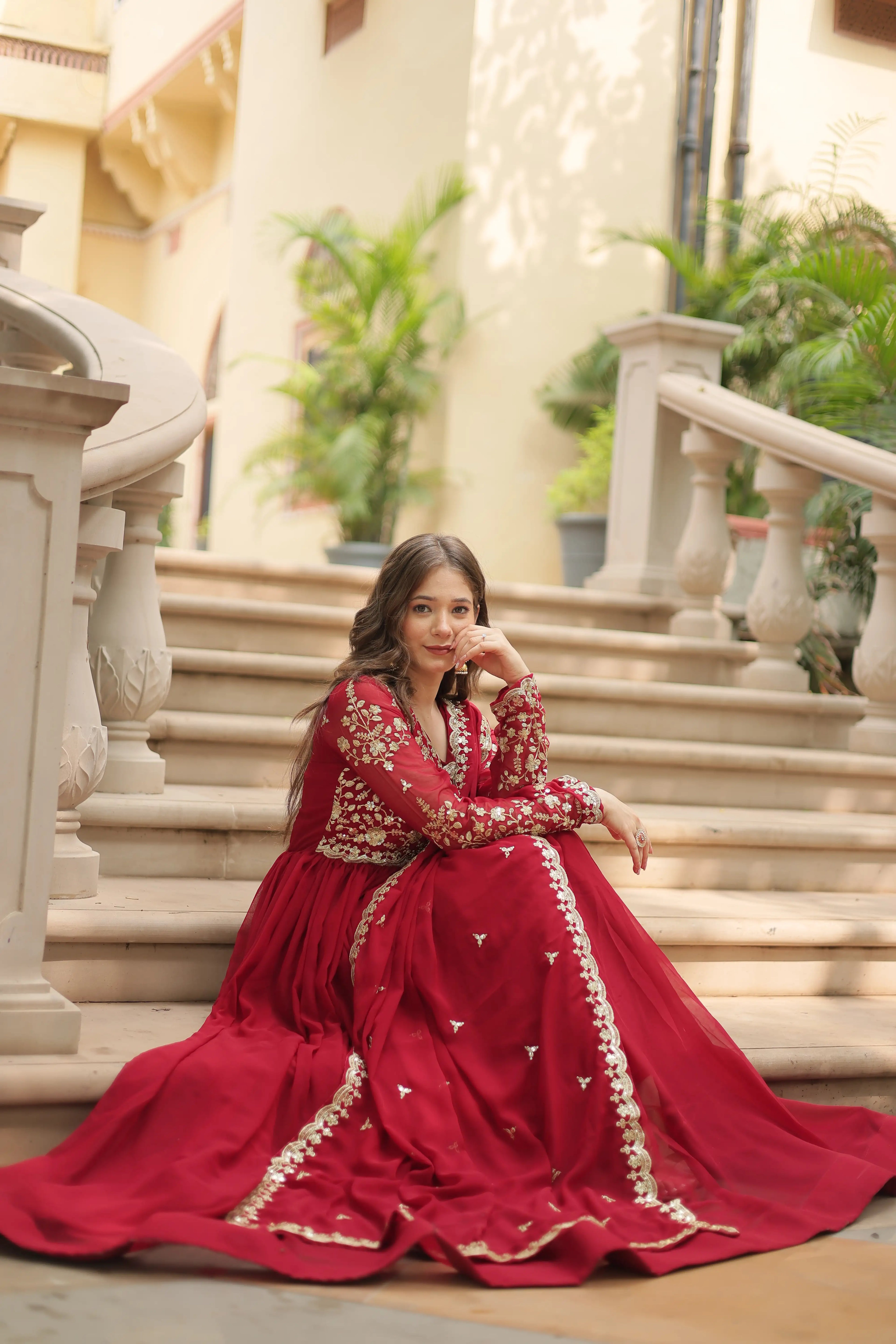 Maroon Faux Blooming Sequins & Zari Embroidered Gown with Matching Dupatta