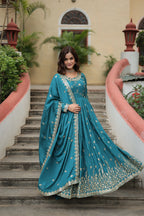 Blue Premium Chinon Sequins Embroidered Kurti with Sharara & Dupatta Set
