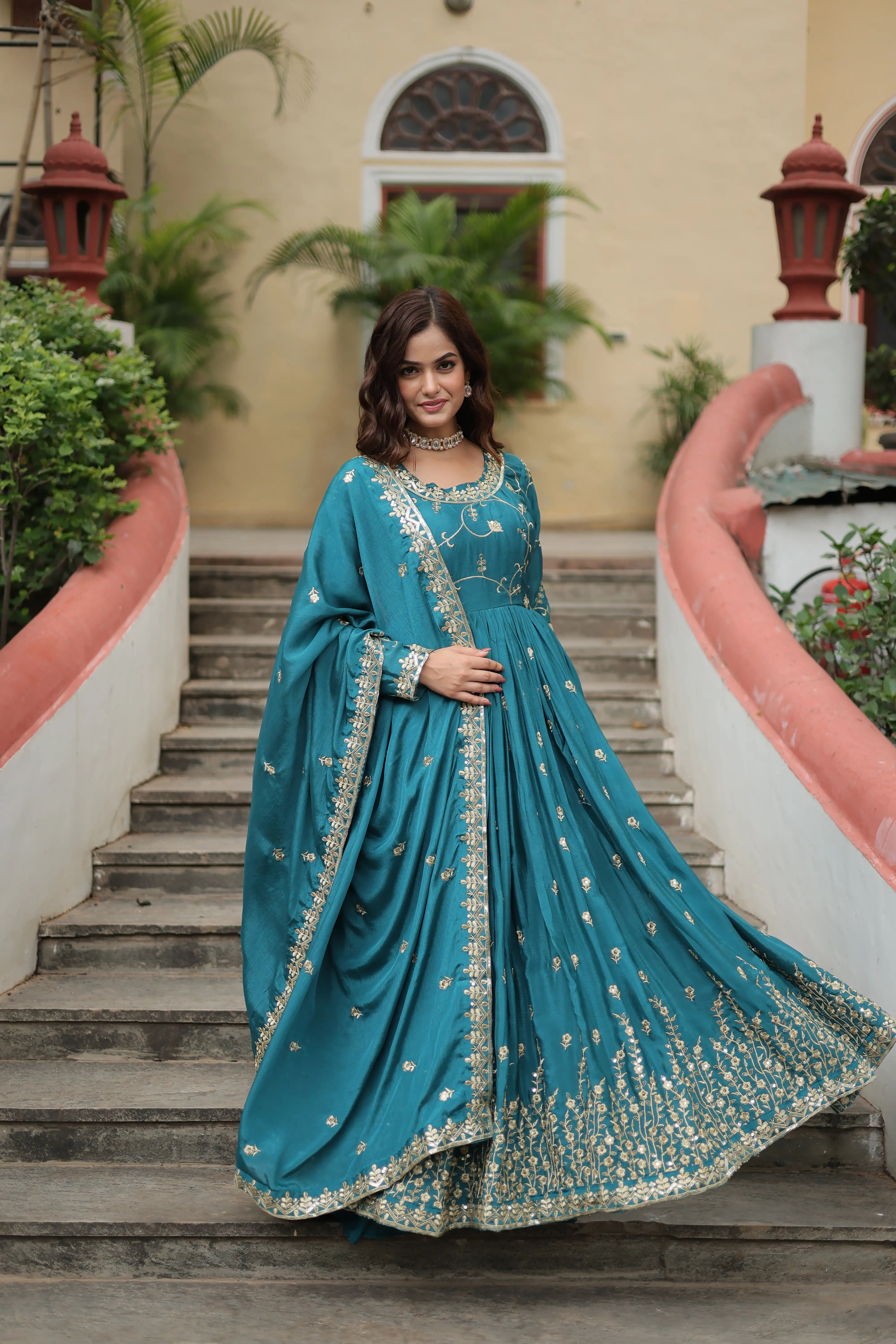 Blue Premium Chinon Sequins Embroidered Kurti with Sharara & Dupatta Set