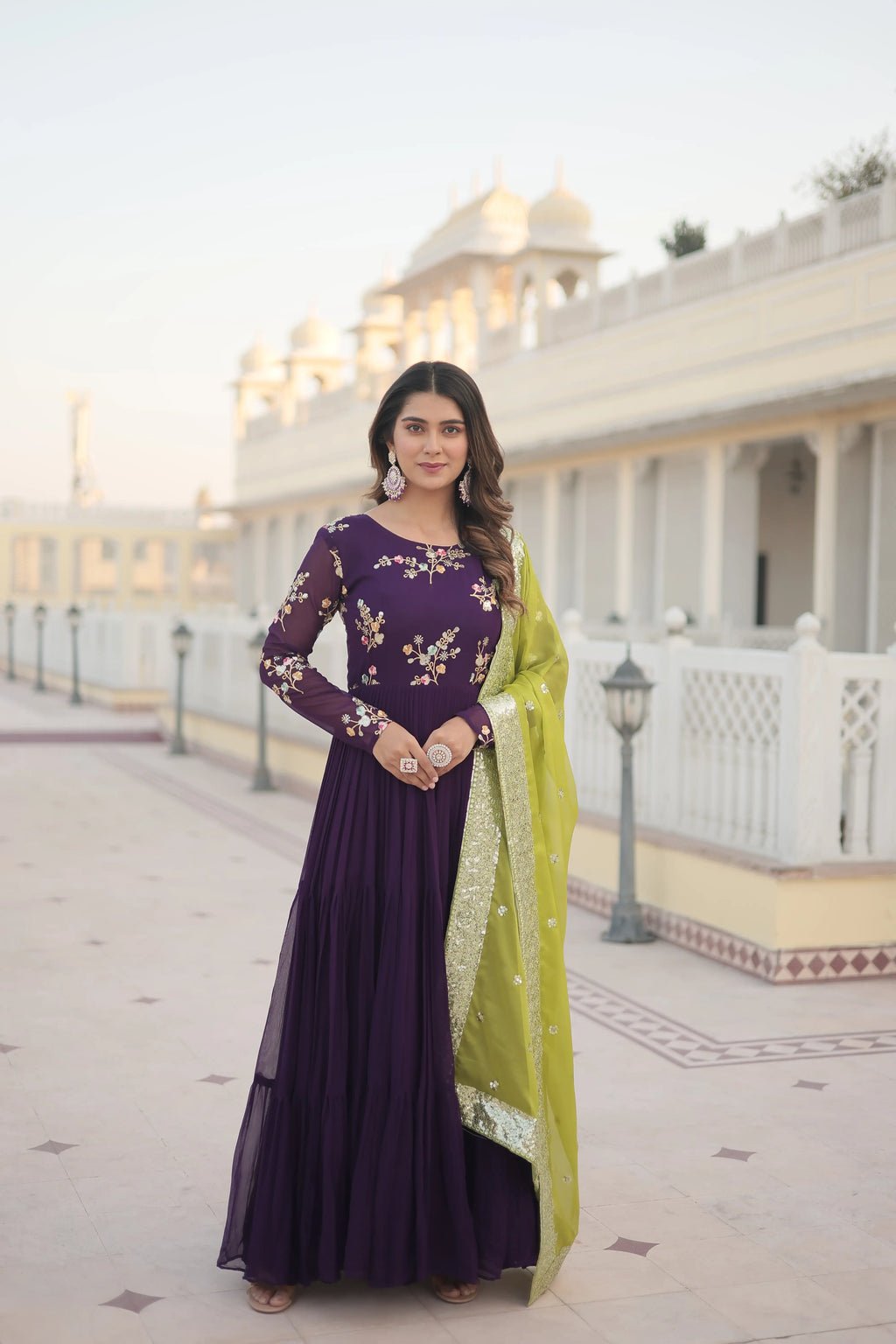 Purple Faux Georgette Designer Gown with Russian Silk Sequined Dupatta – Elegant Fully Flared Party & Wedding Set