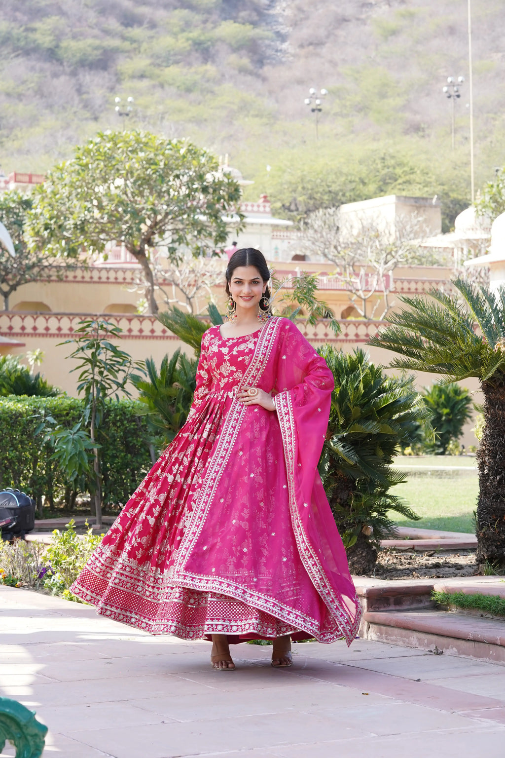 Pink Viscose Dyable Jacquard Gown with Russian Silk Sequined Dupatta – Elegant Party & Wedding Set