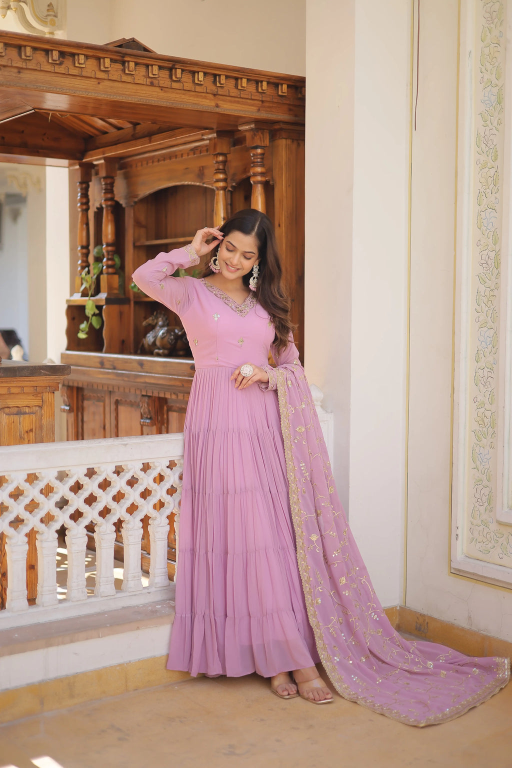 Purple Faux Georgette Designer Gown with Sequined Dupatta – Fully Flared Elegant Ready-to-Wear Set