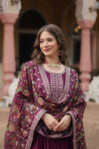 Wine Designer Chinon Sequins Embroidered Gown with Kalamkari Silk Dupatta