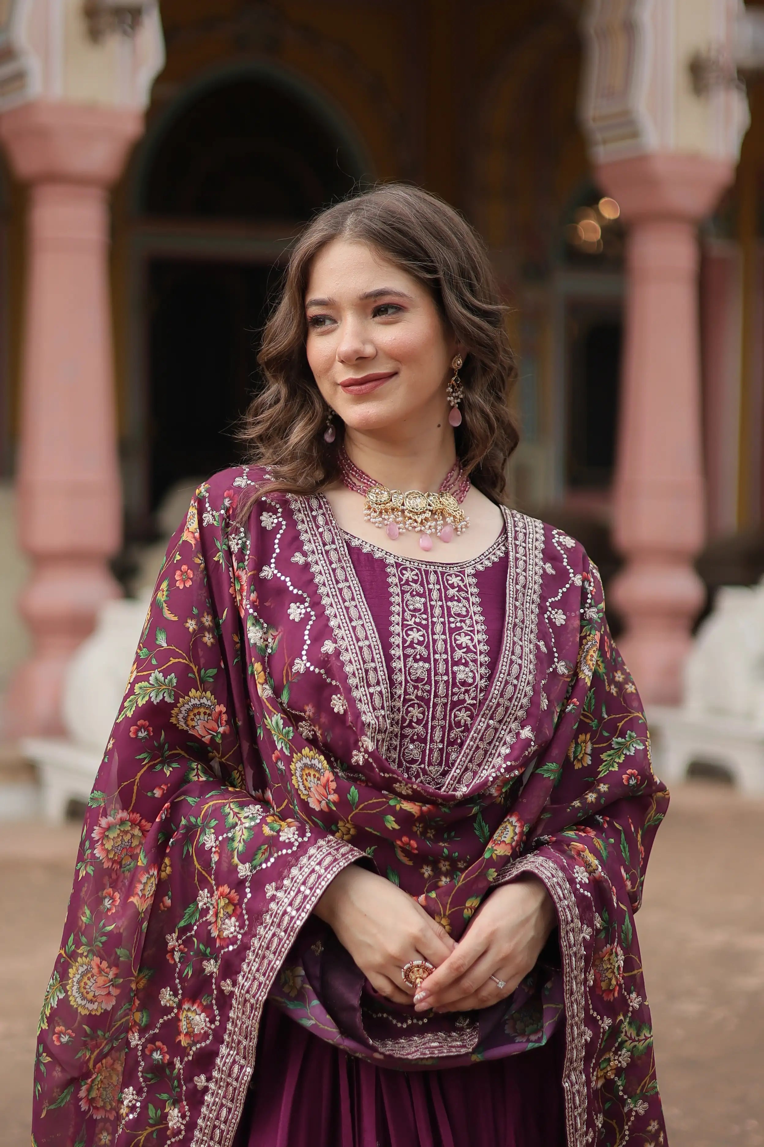 Wine Designer Chinon Sequins Embroidered Gown with Kalamkari Silk Dupatta