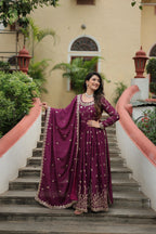 Wine Premium Chinon Sequins Embroidered Kurti with Sharara & Dupatta Set