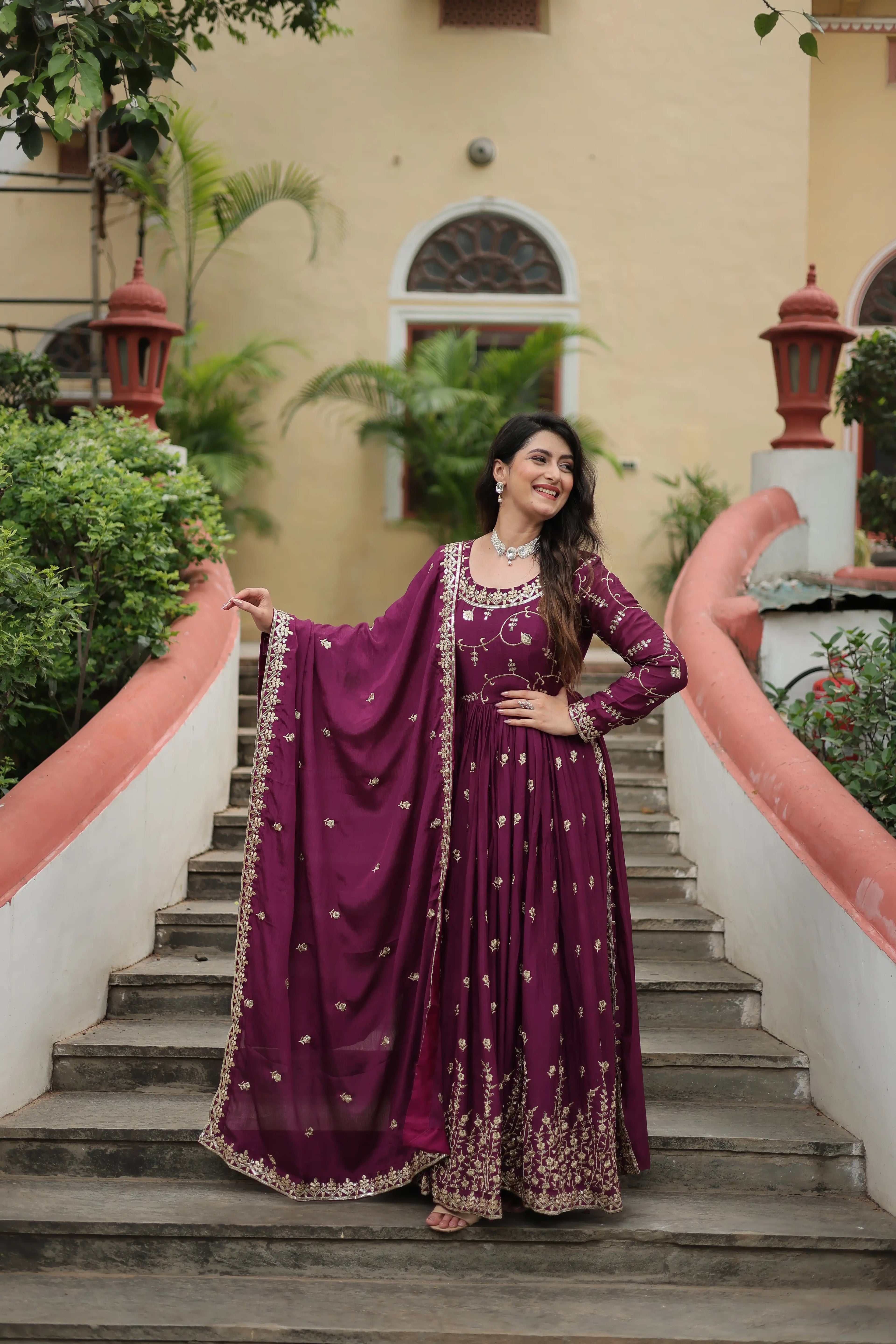 Wine Premium Chinon Sequins Embroidered Kurti with Sharara & Dupatta Set