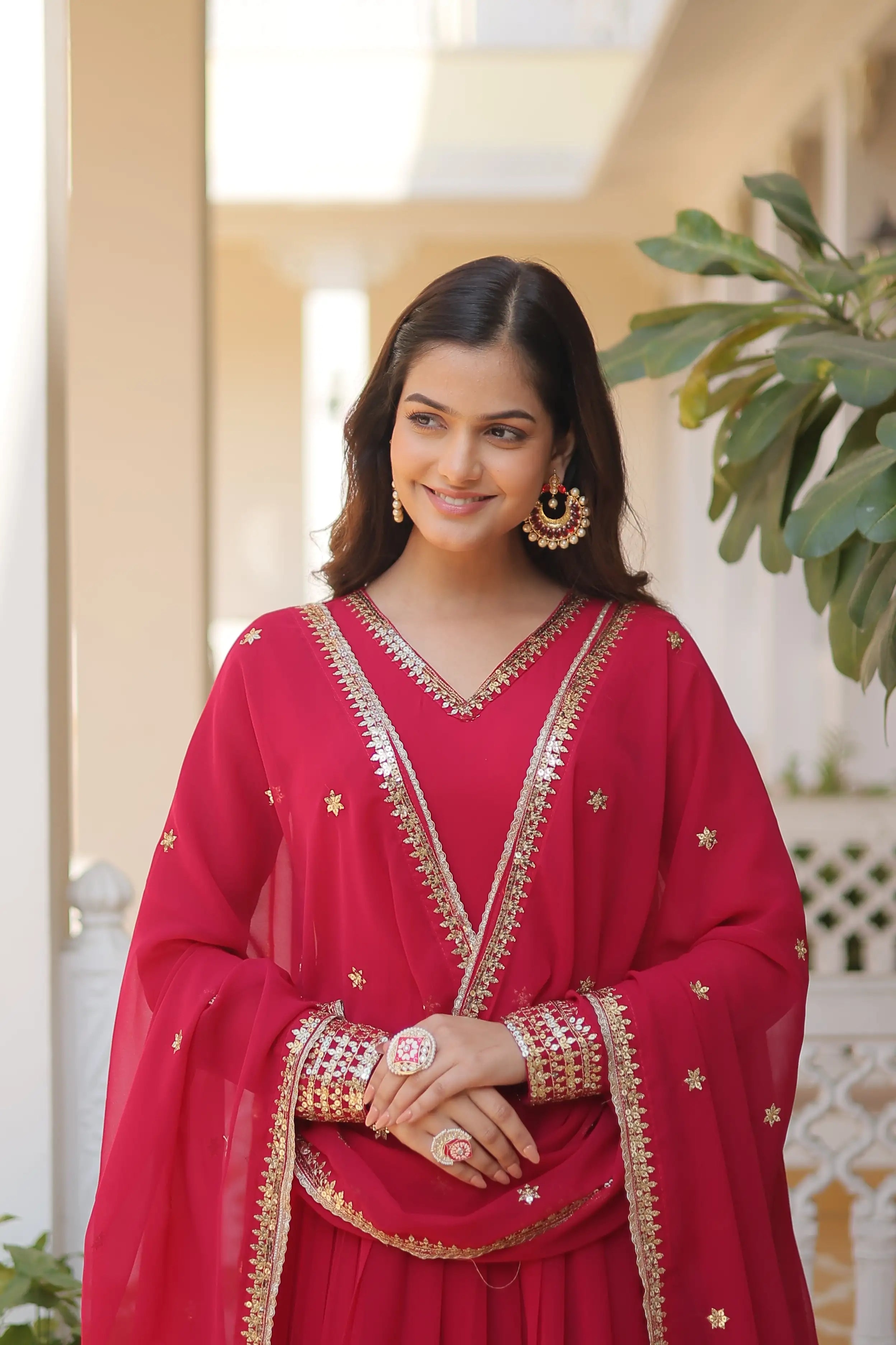 Pink Faux Blooming Gown with Sequined Dupatta – Elegant Fully Flared Party & Wedding Set