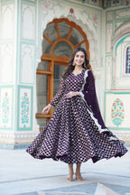 Wine Faux Blooming Designer Gown with Sequined Dupatta – Elegant Fully Flared Party & Wedding Set
