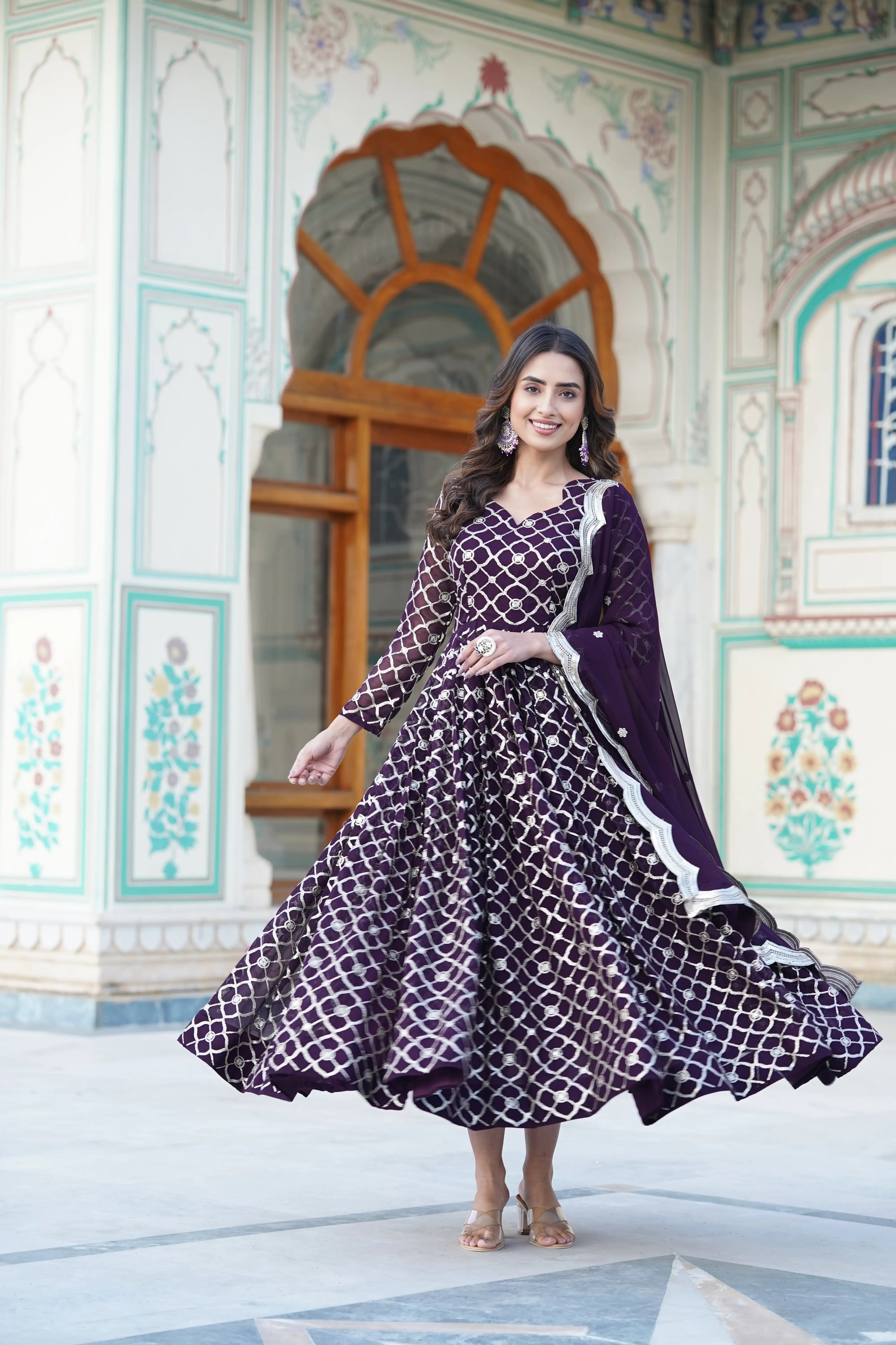 Wine Faux Blooming Designer Gown with Sequined Dupatta – Elegant Fully Flared Party & Wedding Set