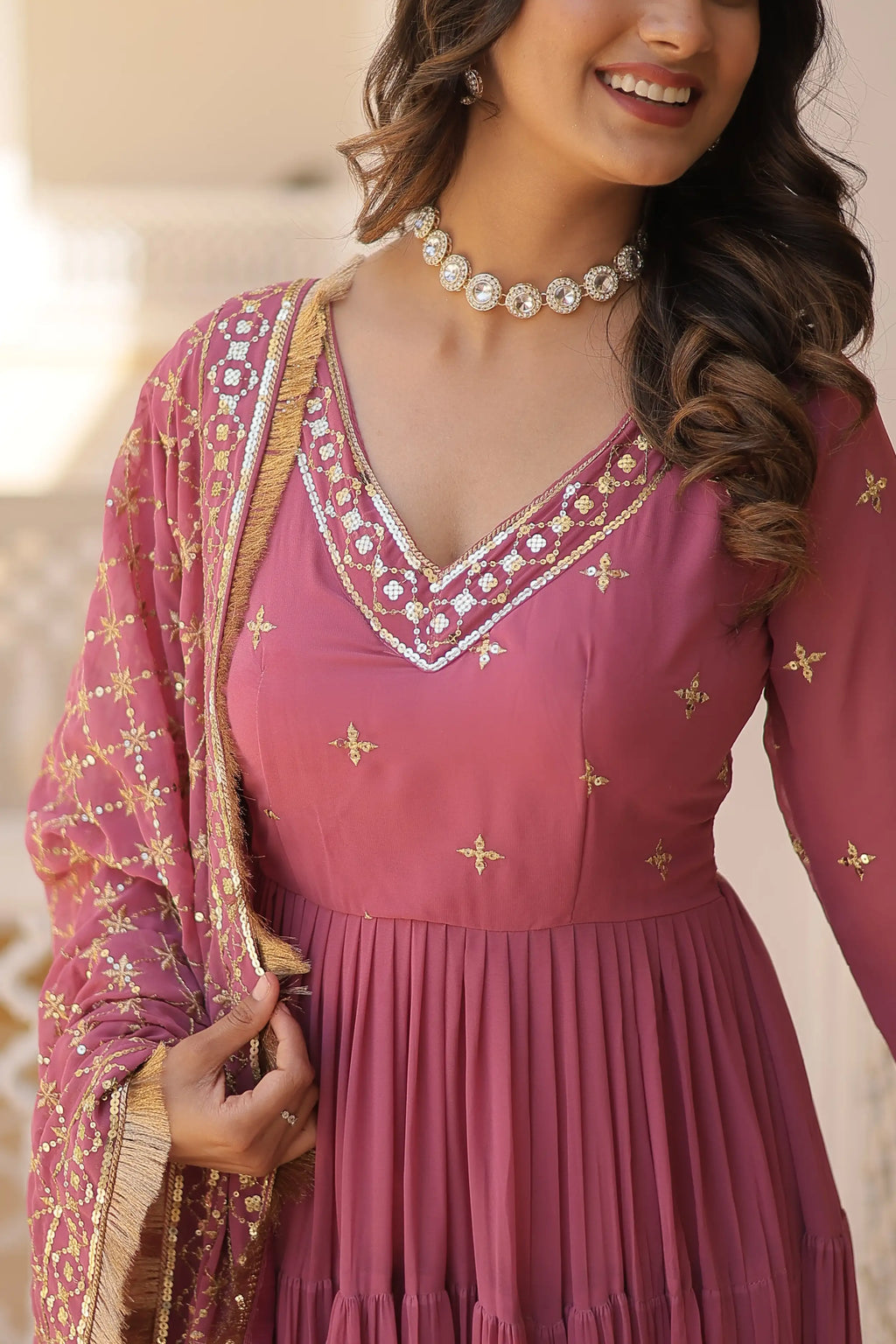 Onion Designer Faux Georgette Gown with Sequined Dupatta – Elegant Festive & Party Wear Set