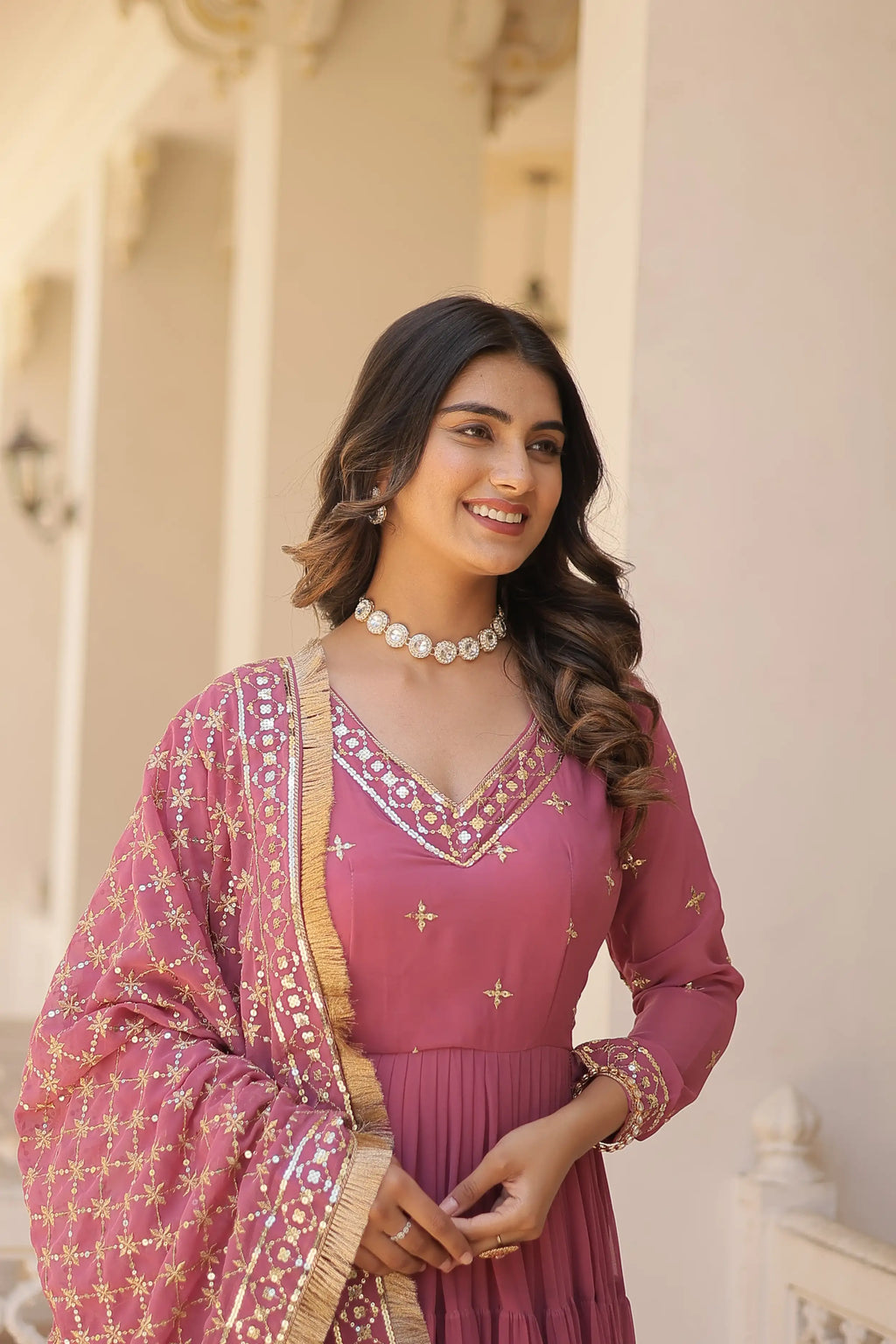 Onion Designer Faux Georgette Gown with Sequined Dupatta – Elegant Festive & Party Wear Set