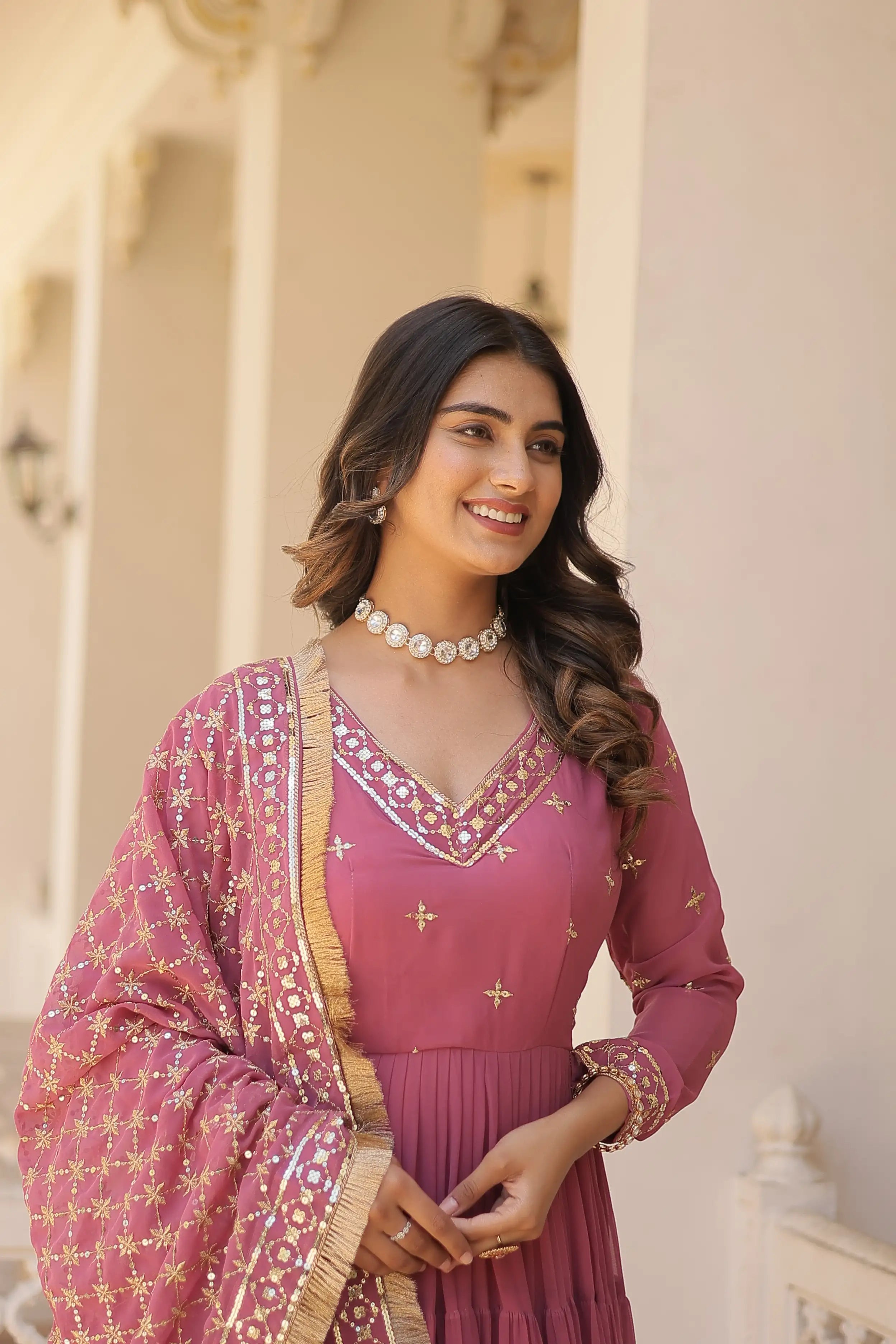 Onion Designer Faux Georgette Gown with Sequined Dupatta – Elegant Festive & Party Wear Set
